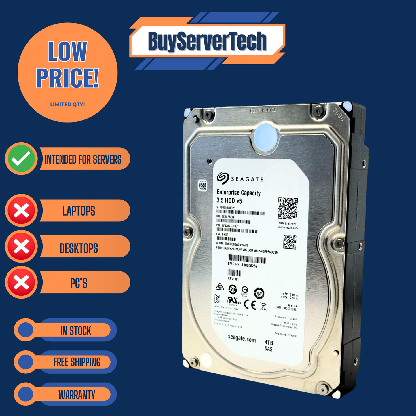 Seagate ST4000NM0125 4TB 7200RPM 12Gb/s SAS 3.5" HDD | EXOS | 1YZ207-004 | 1YR
