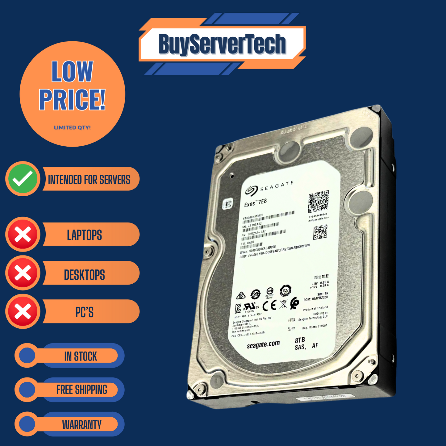 Seagate ST8000NM0075 8TB SAS 12Gbps 7200RPM 3.5" HDD | NEW | Enterprise | 1YR