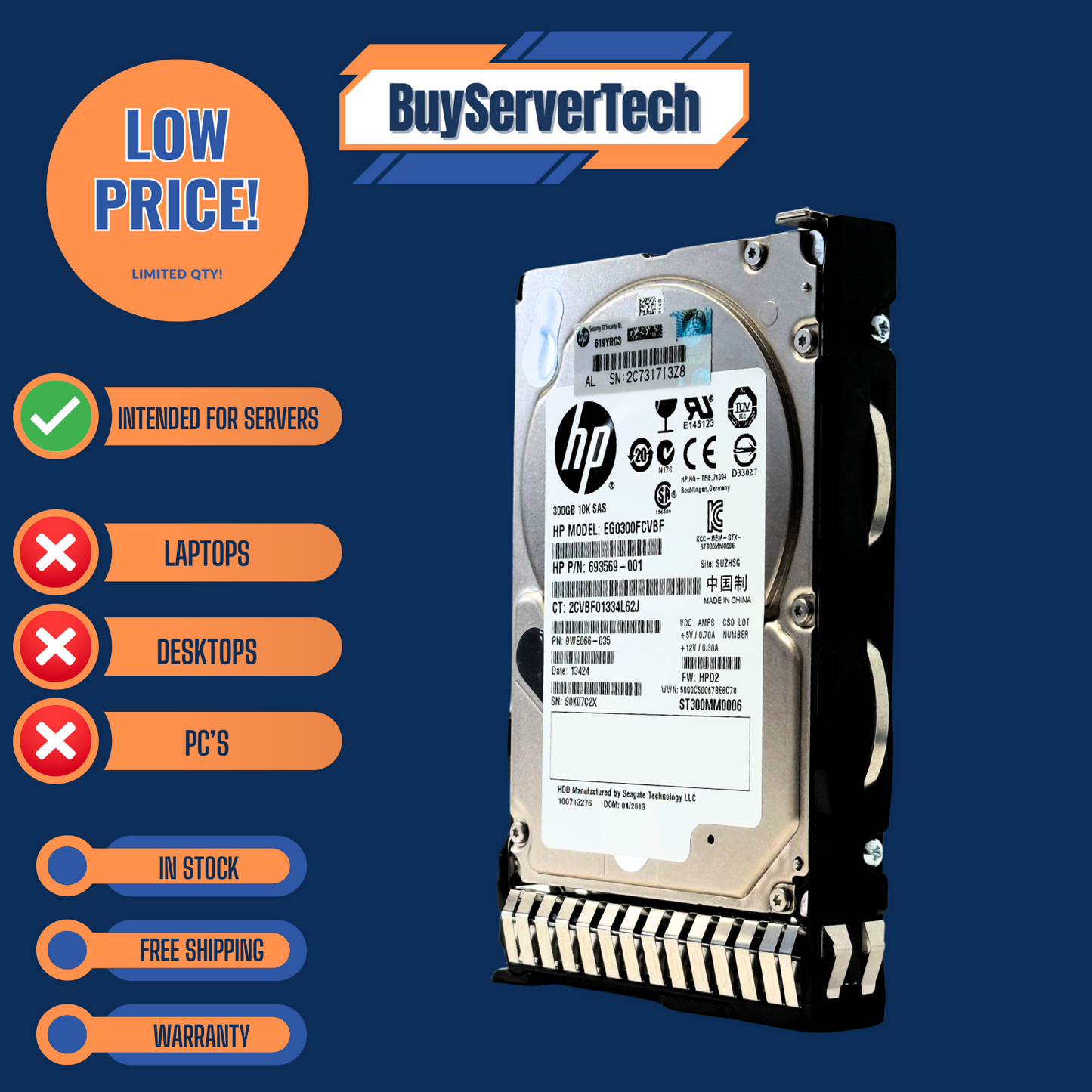 HP 652564-B21 300GB 10K SAS 2.5" HDD 6Gb/s 653955-001 SC | 0HRS | 1YR Warranty