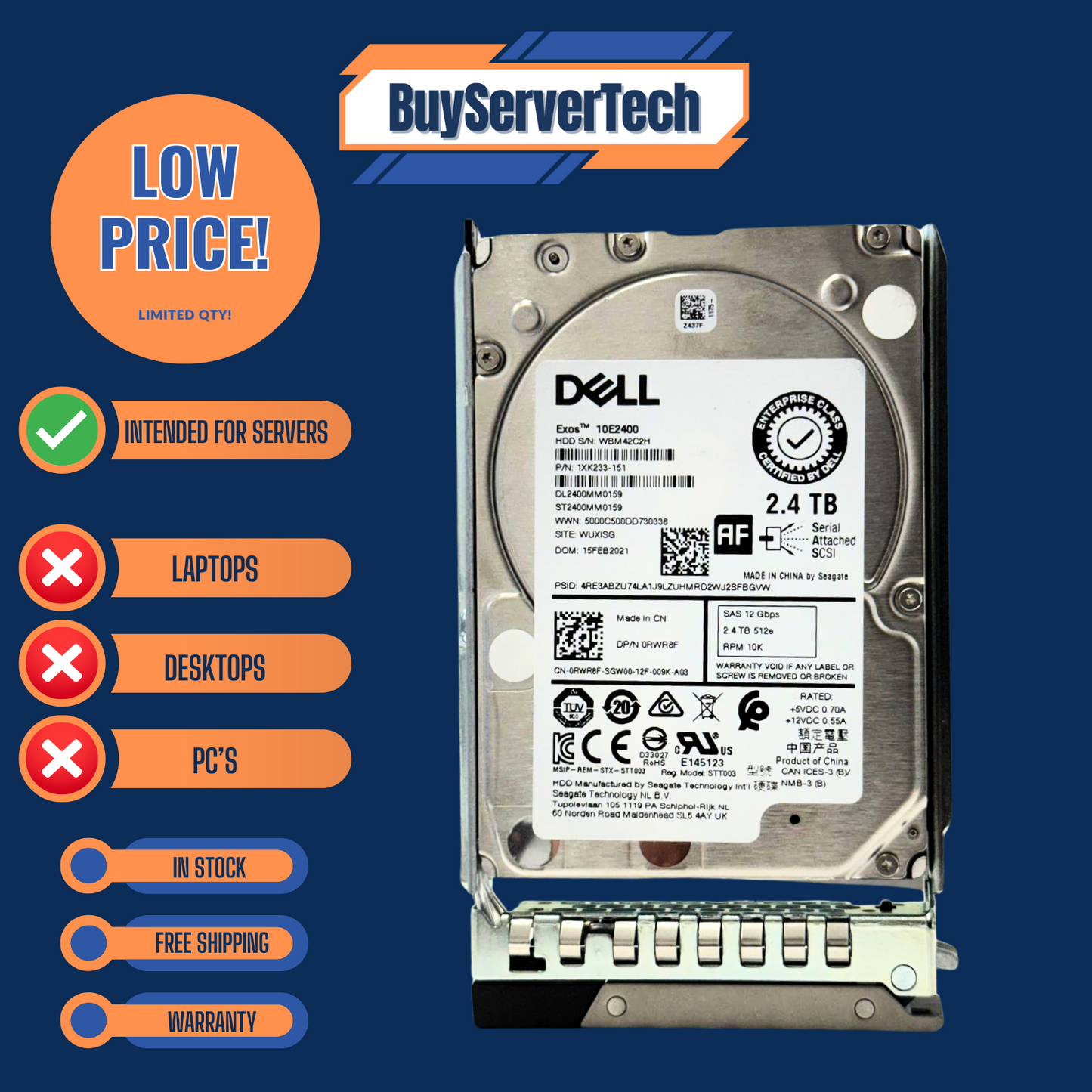 Dell RWR8F 2.4TB 10K SAS 12Gbps 2.5" HDD ST2400MM0159 256MB Cache 0HRS + 2YR WTY