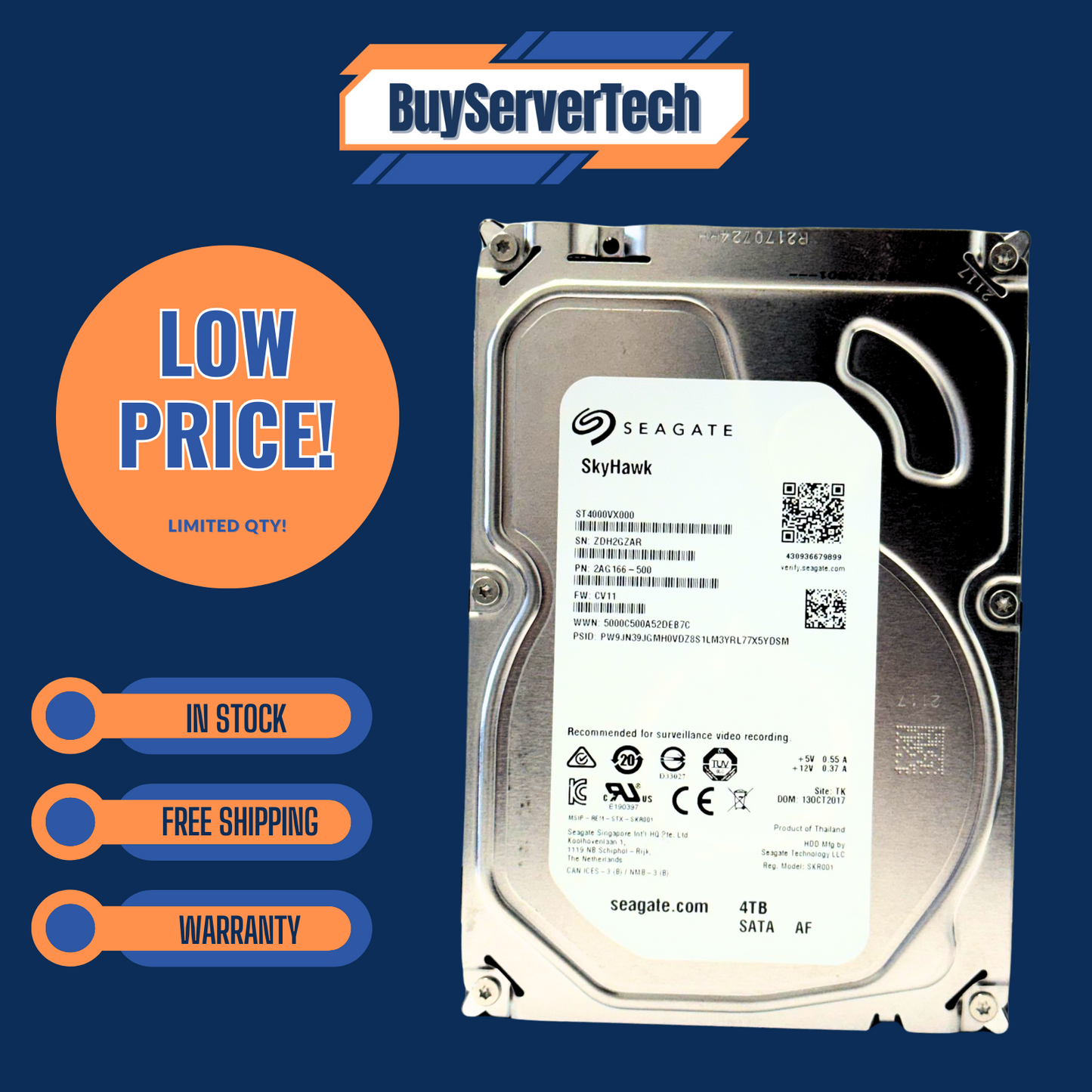 Seagate ST4000VX000 4TB 5900RPM 3.5" SATA HDD SkyHawk 64MB Cache 0HRS 512e DVR