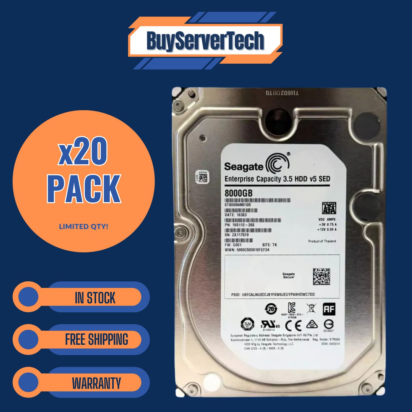 PACK OF 20 Seagate 8TB 7.2k 256MB SATA 6Gb/s 3.5 512e SED Ent HDD | ST8000NM0105