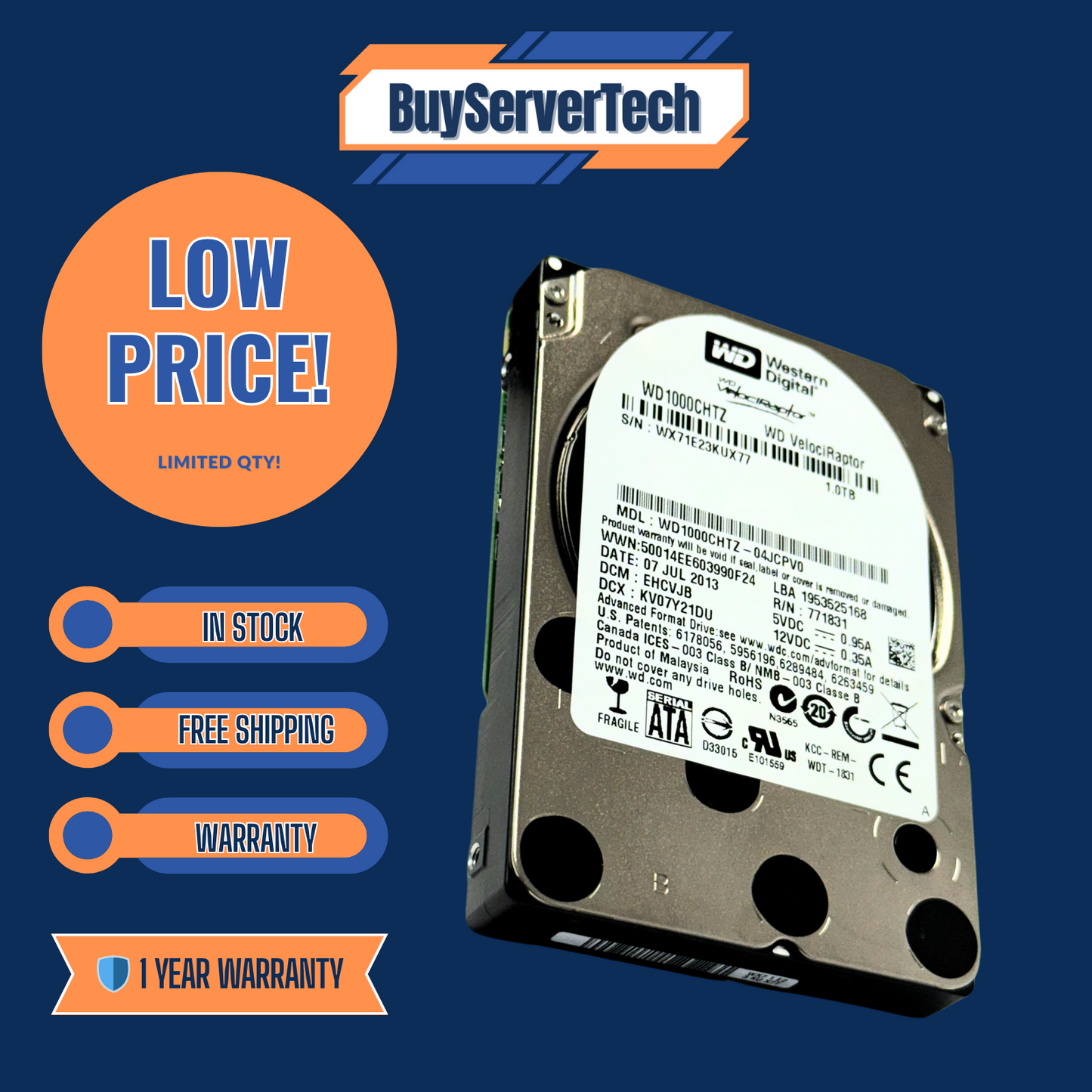 WD VelociRaptor WD1000CHTZ 1TB 10K RPM SATA 6Gb/s 2.5" HDD | 0 Hours | 1YR