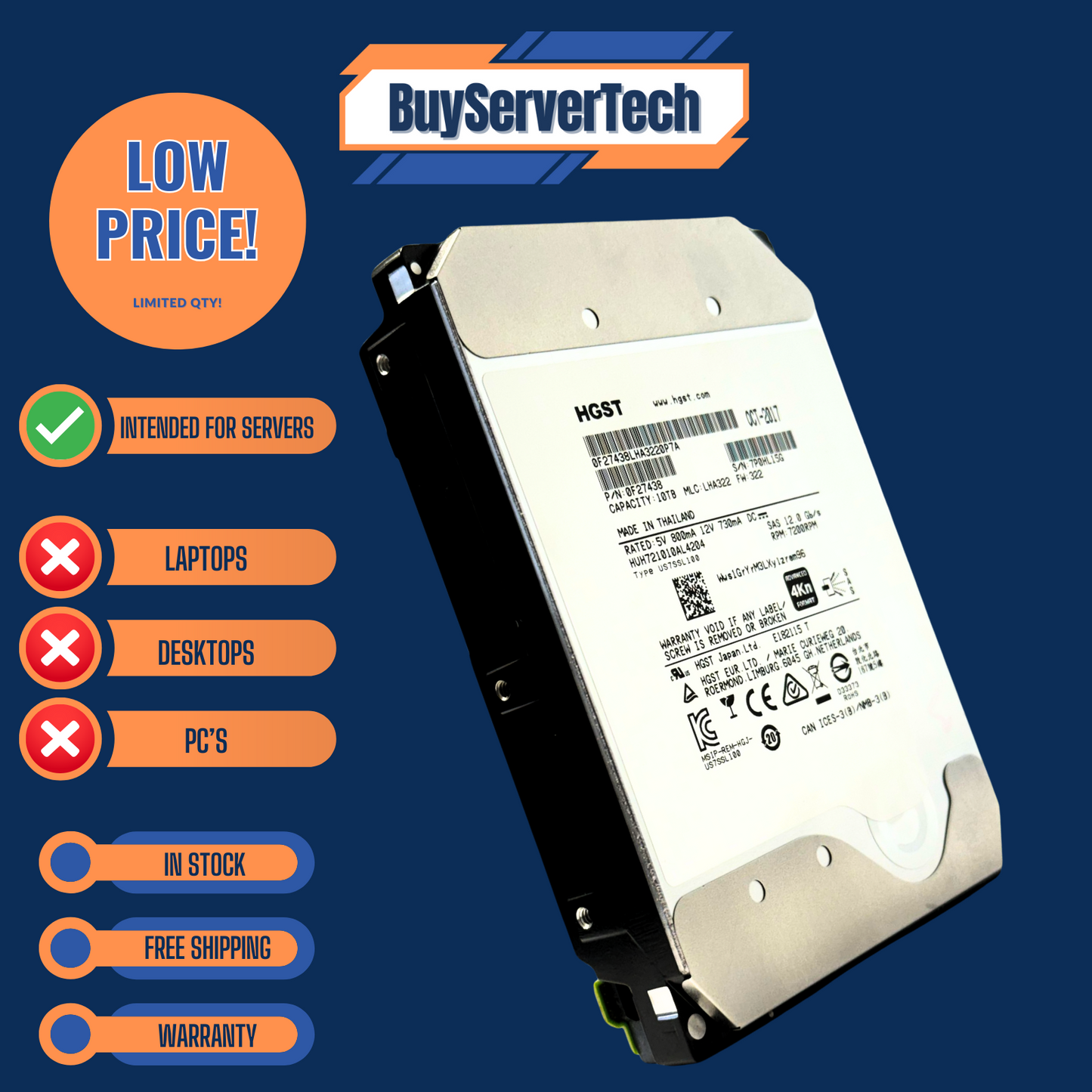 HGST Ultrastar 10TB 7200RPM 3.5" SAS 12Gb/s HDD HUH721010AL4204 Enterprise