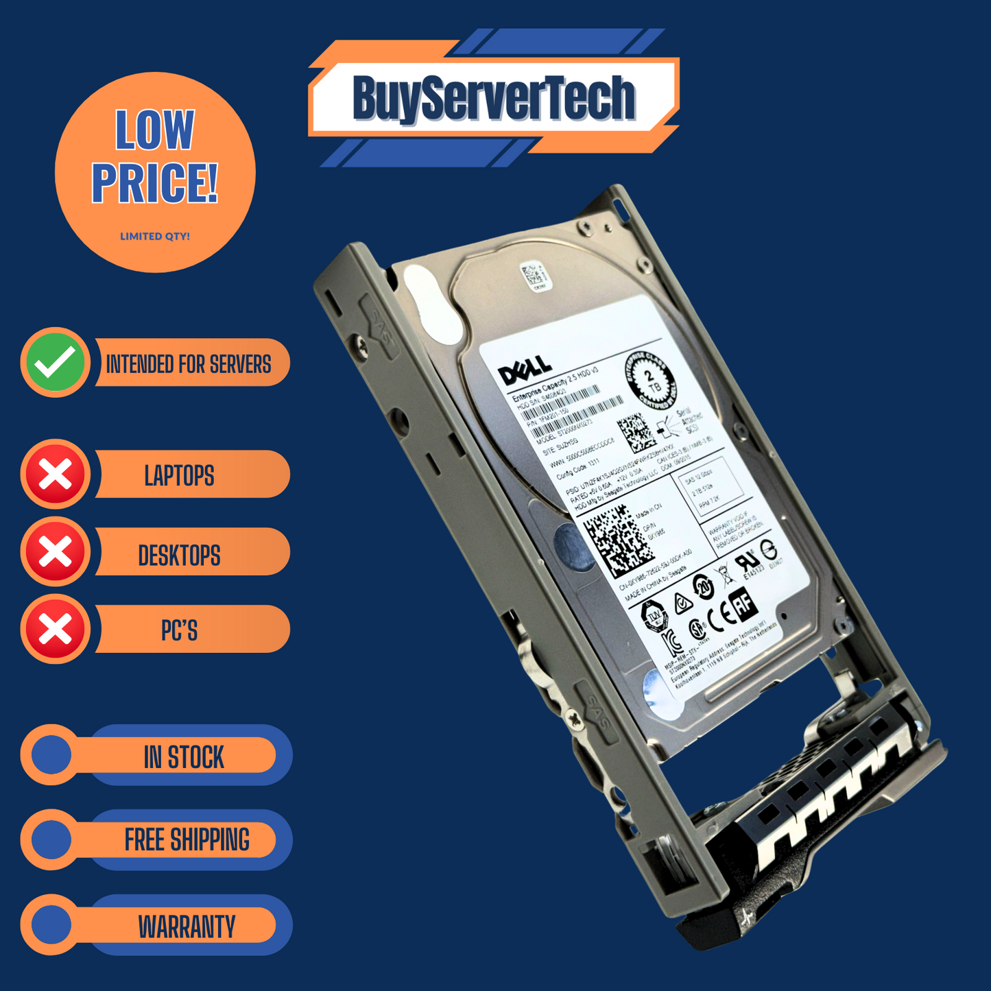 Dell 0TMVN7 ST2000NX0433 2TB 7.2K 12Gb/s SAS 2.5" HDD 128MB Cache Server Drive