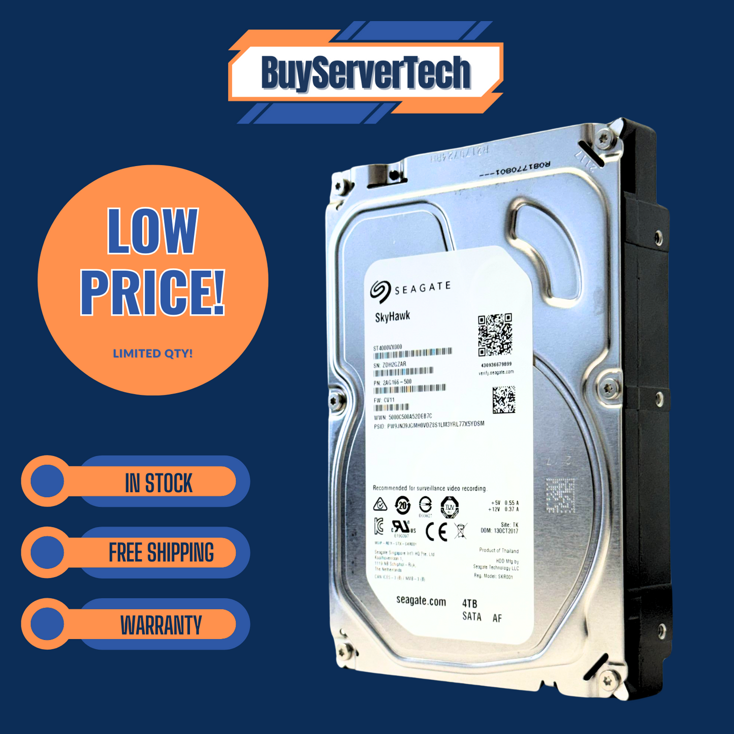 Seagate ST4000VX000 4TB 5900RPM 3.5" SATA HDD SkyHawk 64MB Cache 0HRS 512e DVR