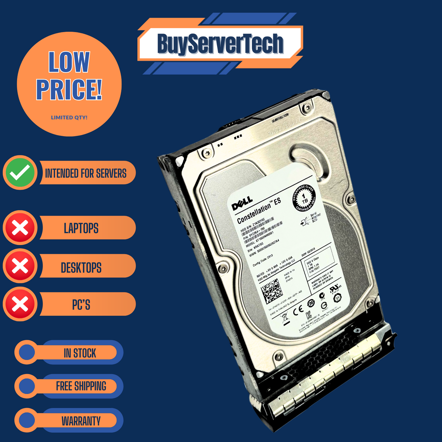 Dell 740YX ST1000NM0001 1TB 7200RPM SAS 6Gbps 3.5" HDD | Zero Hours | 1YR Warran