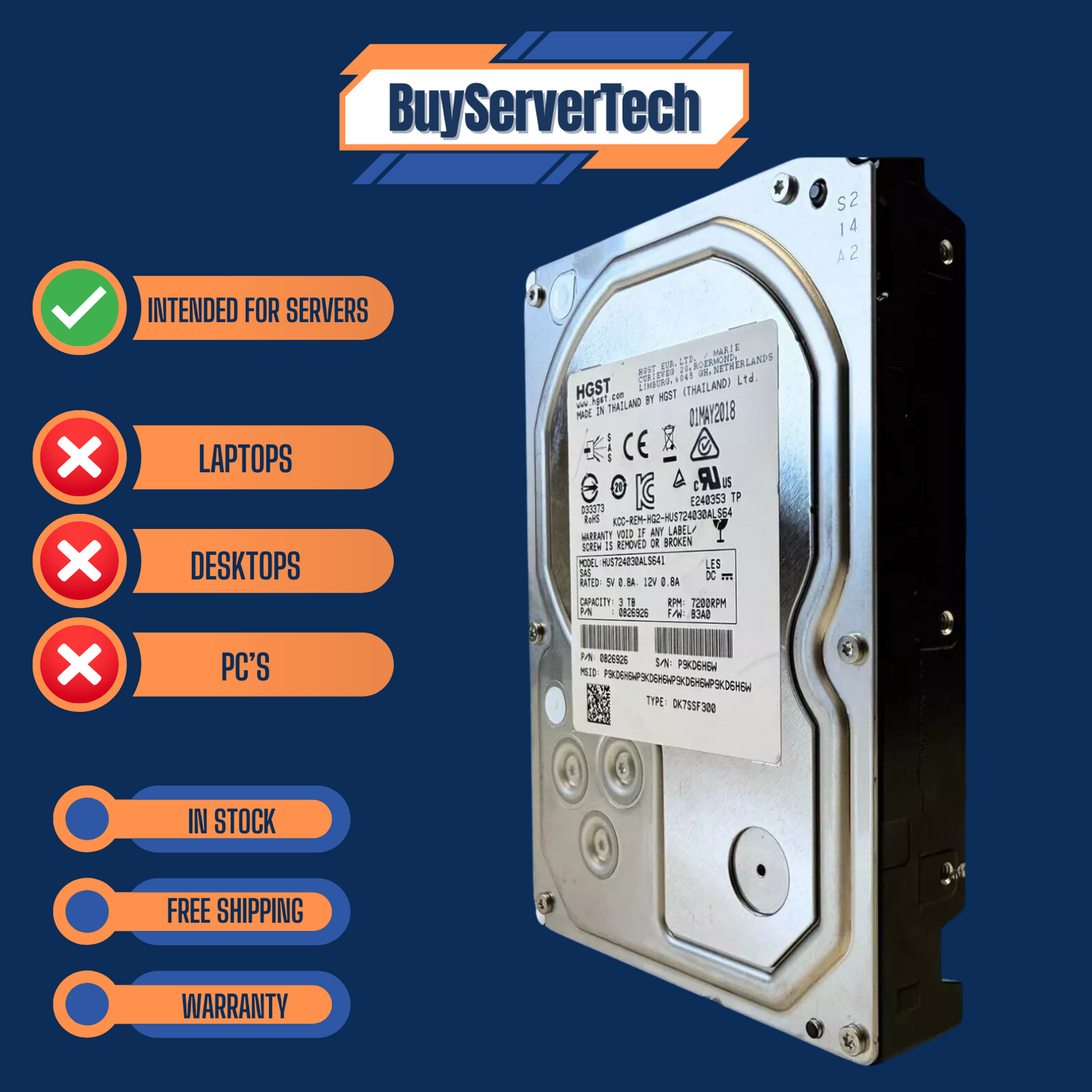 HGST HUS724030ALS641 3TB 7.2K LFF SAS HDD 0B26926 | 0 HOURS