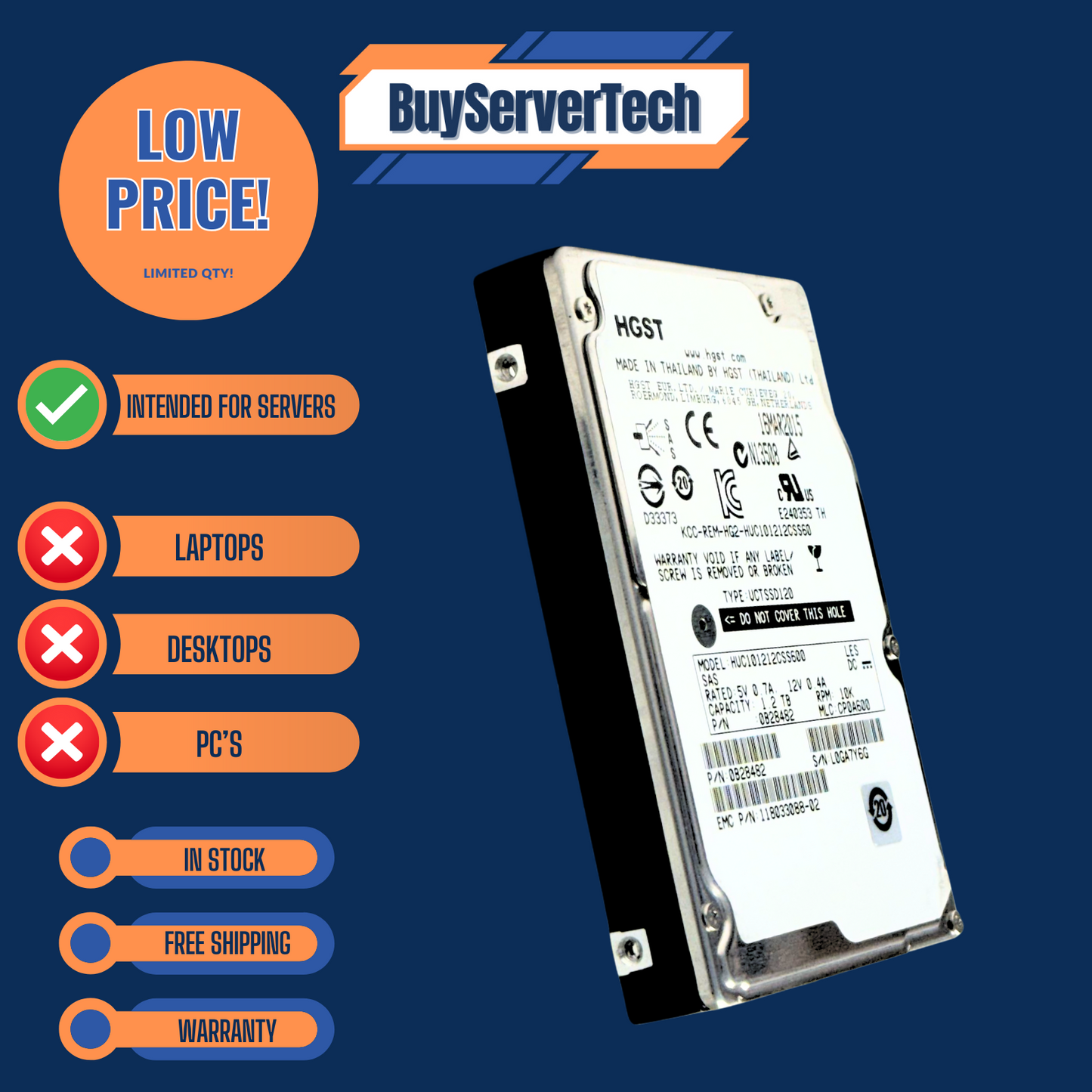 HGST HUC101212CSS600 1.2TB 10K SAS 2.5" HDD | 0B28482 | 0 Hours | 2YR Warrant