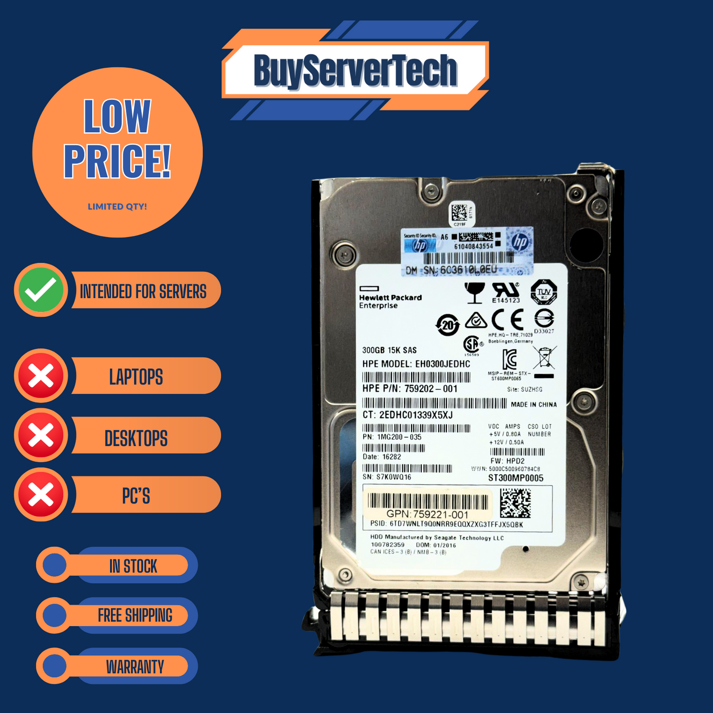 HP 652611-B21 300GB 15K 2.5" SAS 6G SFF HDD 653960-001 + Caddy G8 G9 1YR WTY