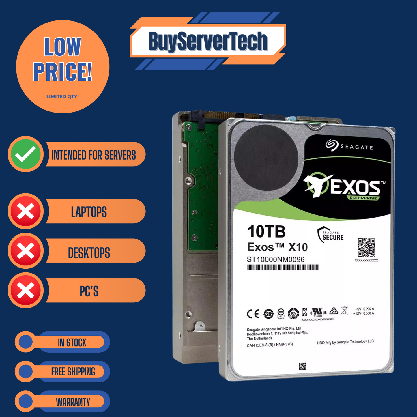 Seagate Exos ST10000NM0096 10TB 7200RPM 12Gb/s 256MB 3.5" SAS Enterprise HDD