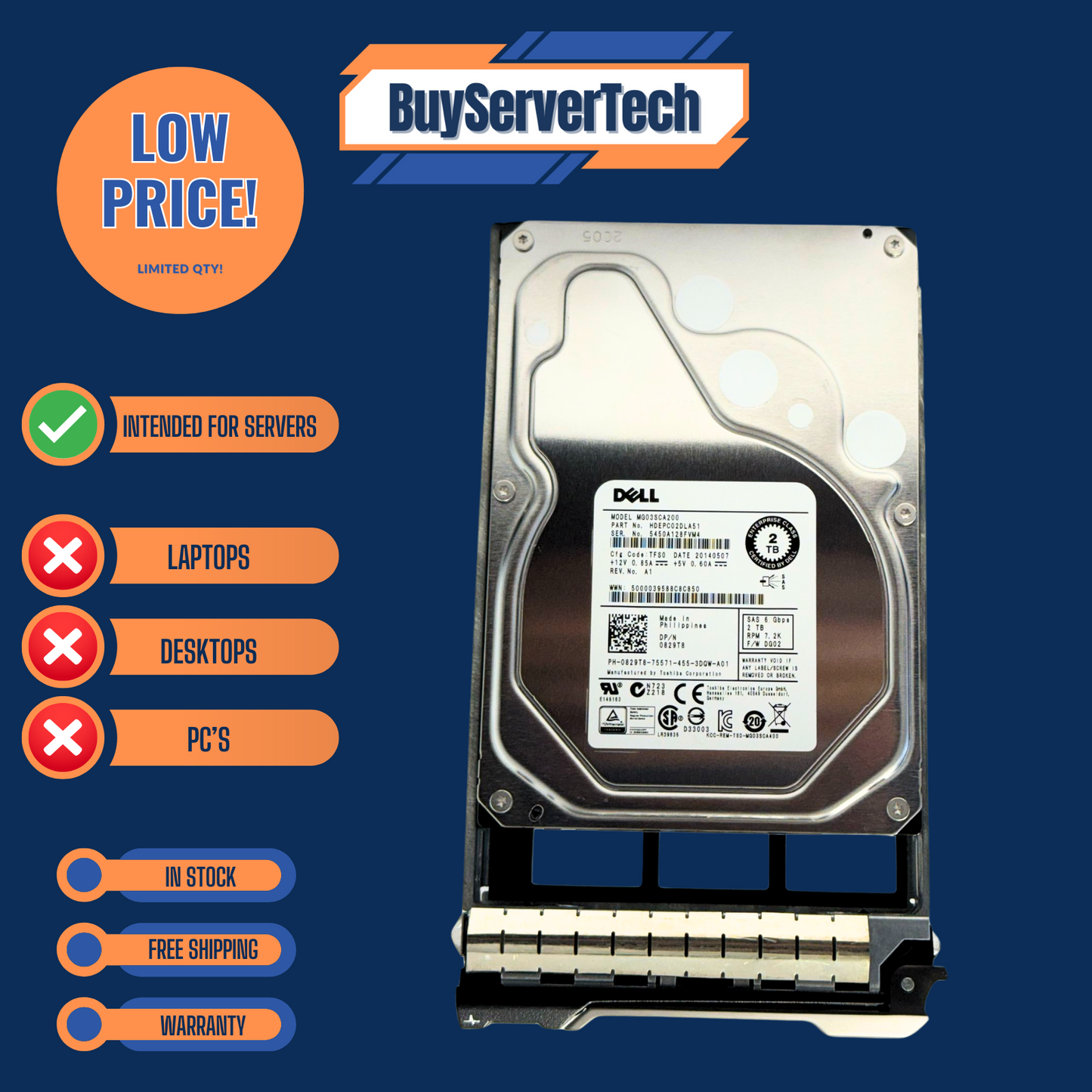 Dell 829T8 2TB 7.2K RPM 3.5" SAS 6Gb/s Enterprise HDD 0829T8 | Verified | 1YR