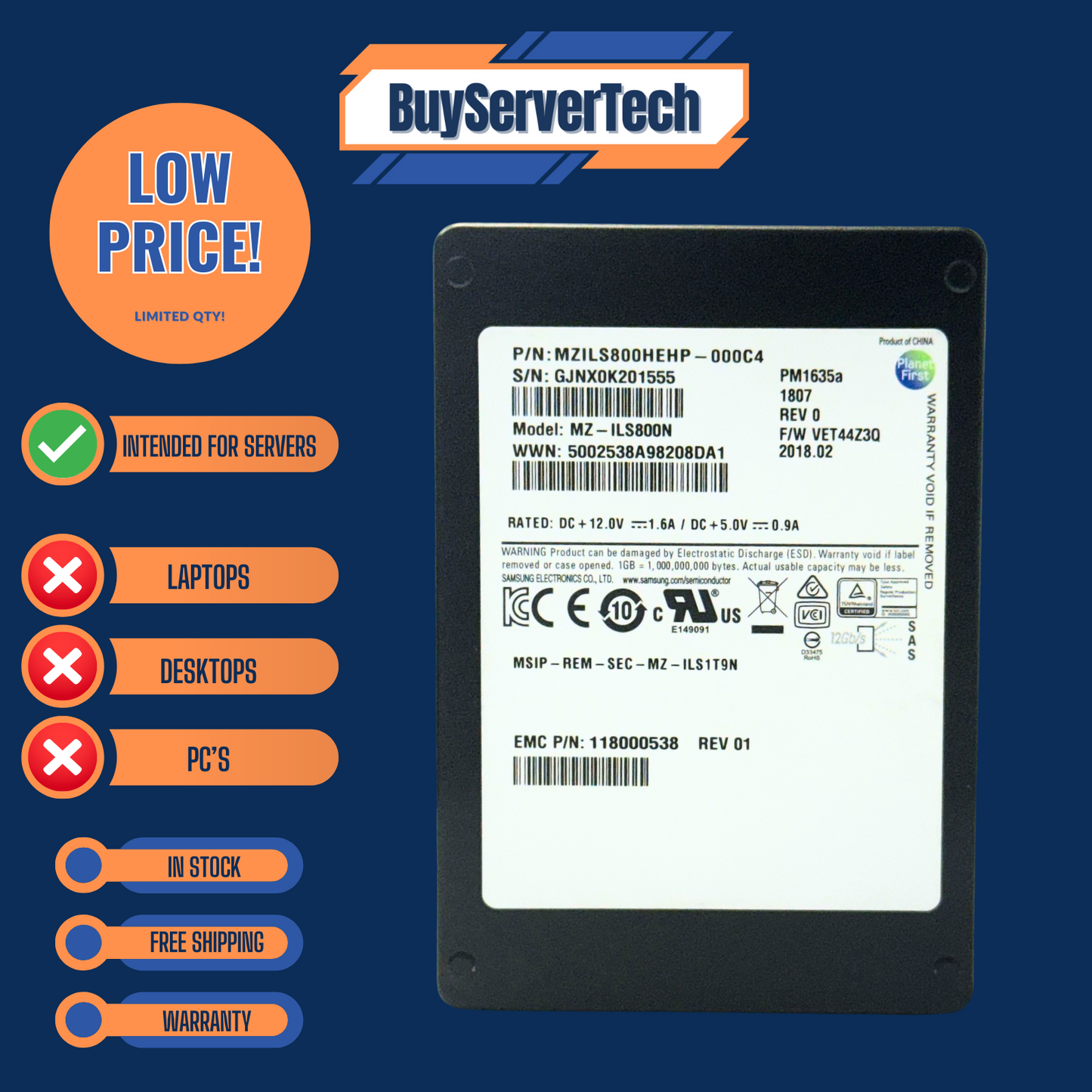 Samsung MZ-ILS800N 800GB SAS 12Gb/s 2.5" SSD PM1635A EMC - 1 Year Warranty