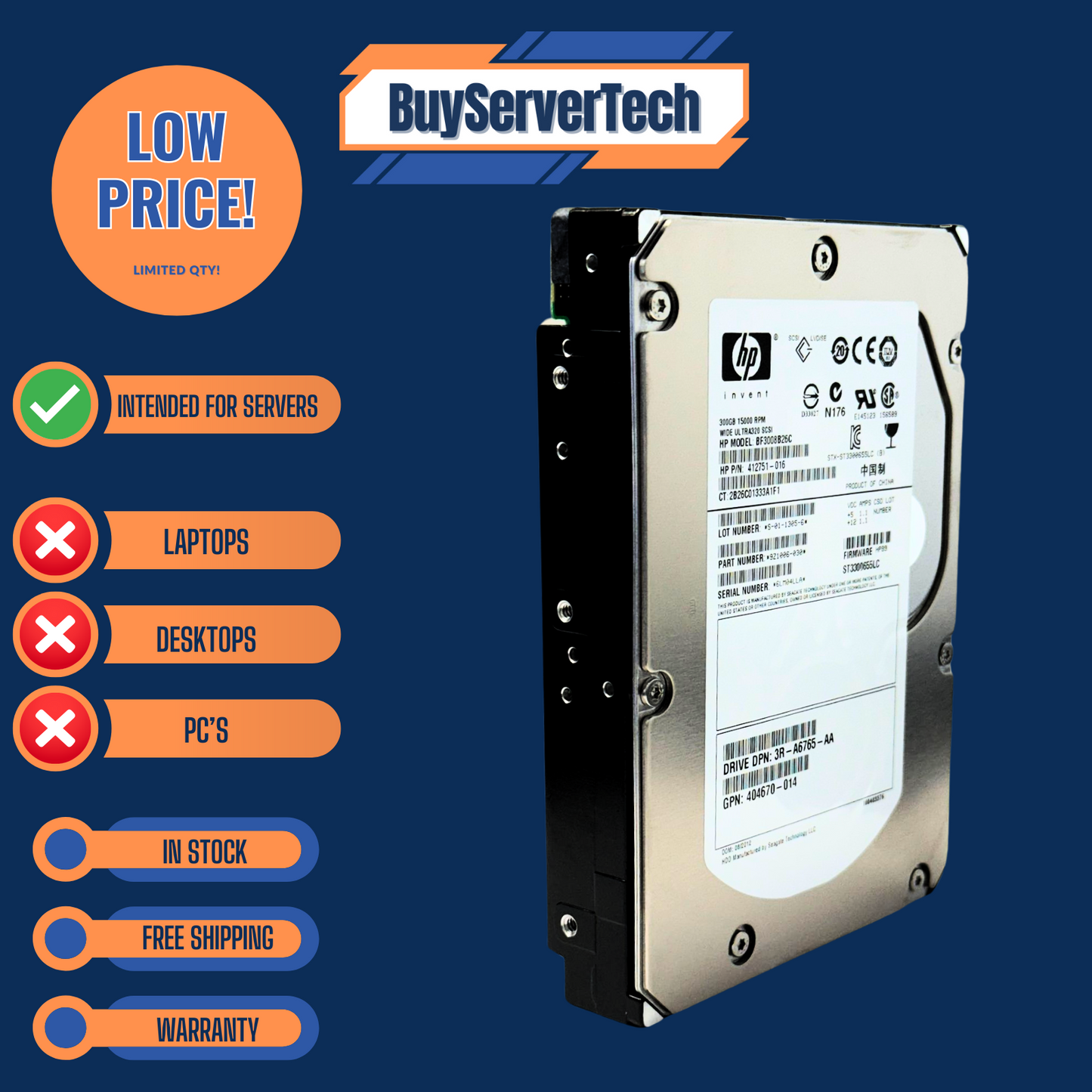 HP 412751-016 Seagate ST3300655LC 300GB 15K U320 SCSI 80-Pin 3.5" HDD | 1YR