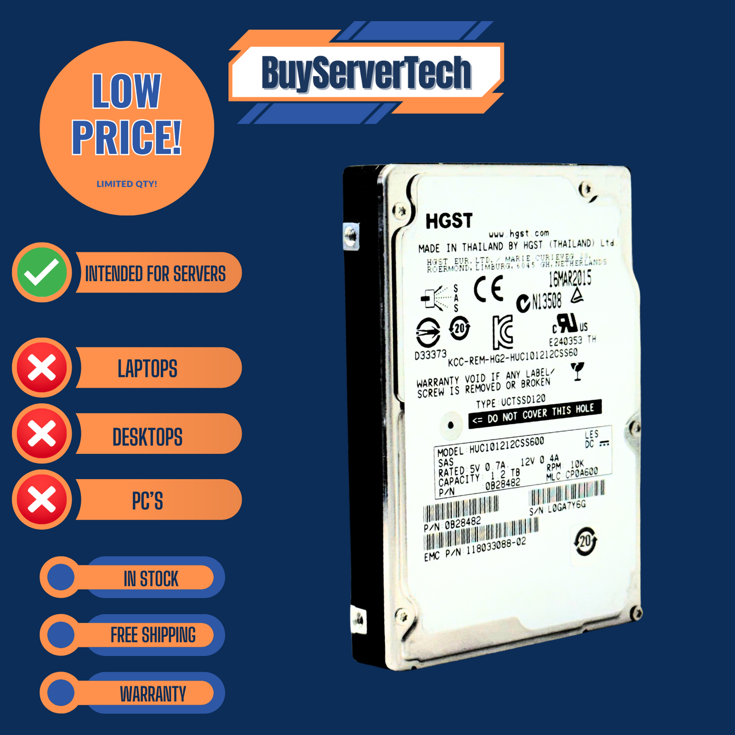 HGST HUC101212CSS600 1.2TB 10K SAS 2.5" HDD | 0B28482 | 0 Hours | 2YR Warranty