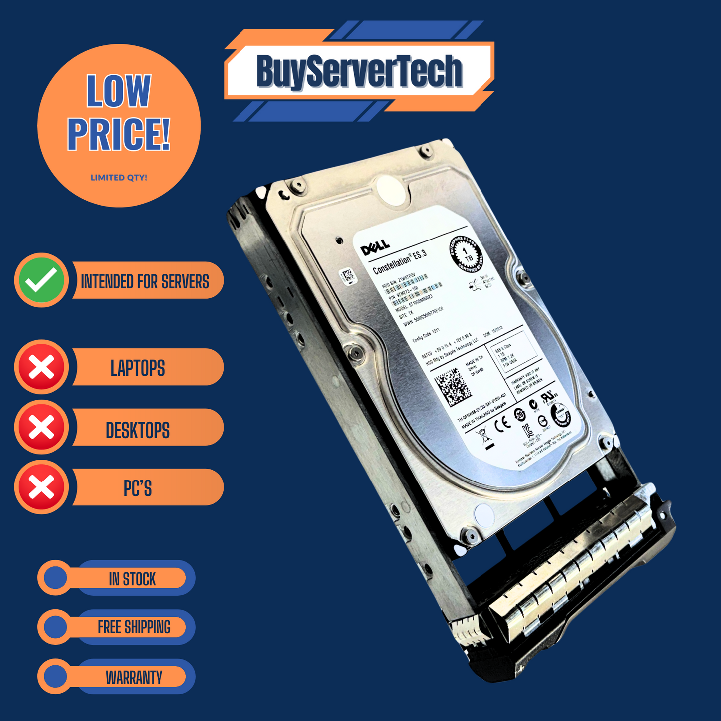 Dell FNW88 1TB 7.2K 3.5" SAS 6Gb/s HDD ST1000NM0023 w/Tray | Zero Hours | 1YR