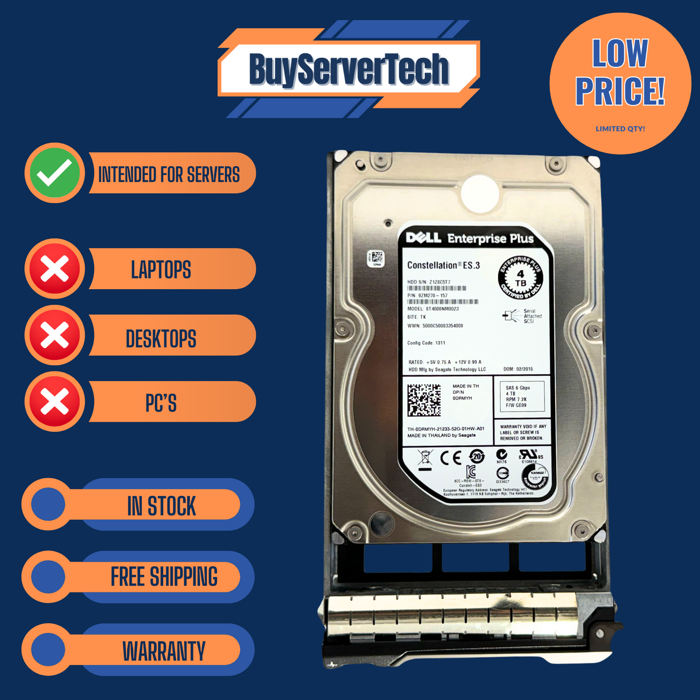 Dell 4TB 7.2K 3.5" SAS 6Gb/s HDD ST4000NM0023 Enterprise Plus 0DRMYH DRMYH