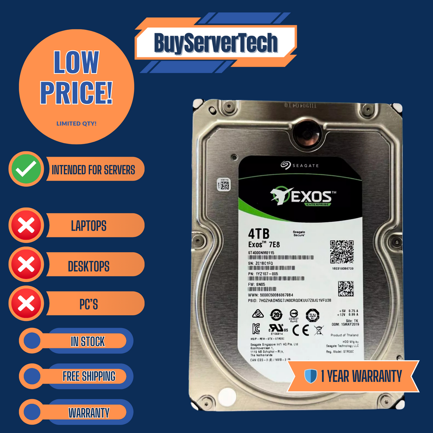Seagate ST4000NM0115 Enterprise Capacity 3.5'' HDD 4TB 7200 RPM 512e SAS Drive