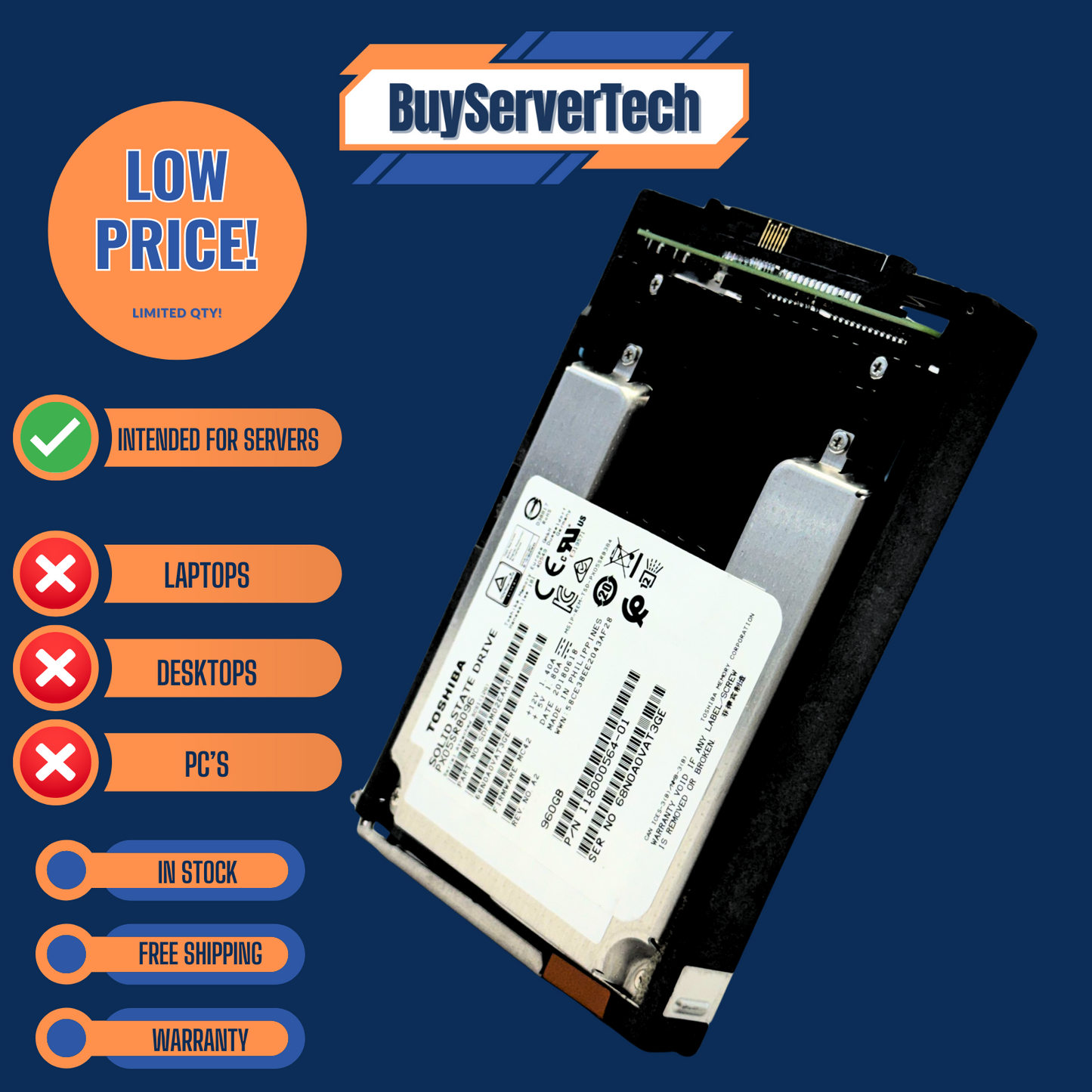 Toshiba PX05SRB096 960GB SAS SSD | EMC 118000564-01 | PLP | w/ Tray | Grade A