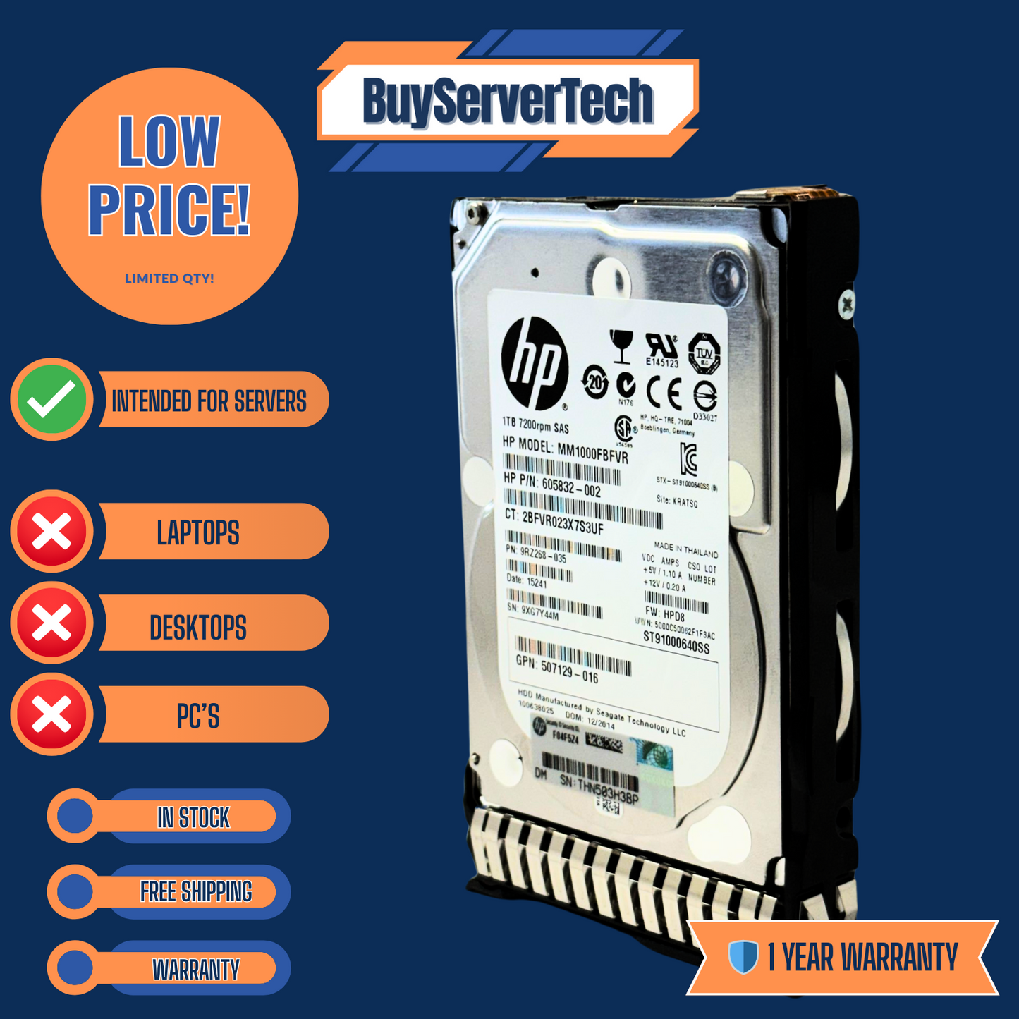 HP 605835-B21 606020-001 1TB 7.2K RPM SAS 6Gb/s 2.5" HDD | Server Use Only | 1YR