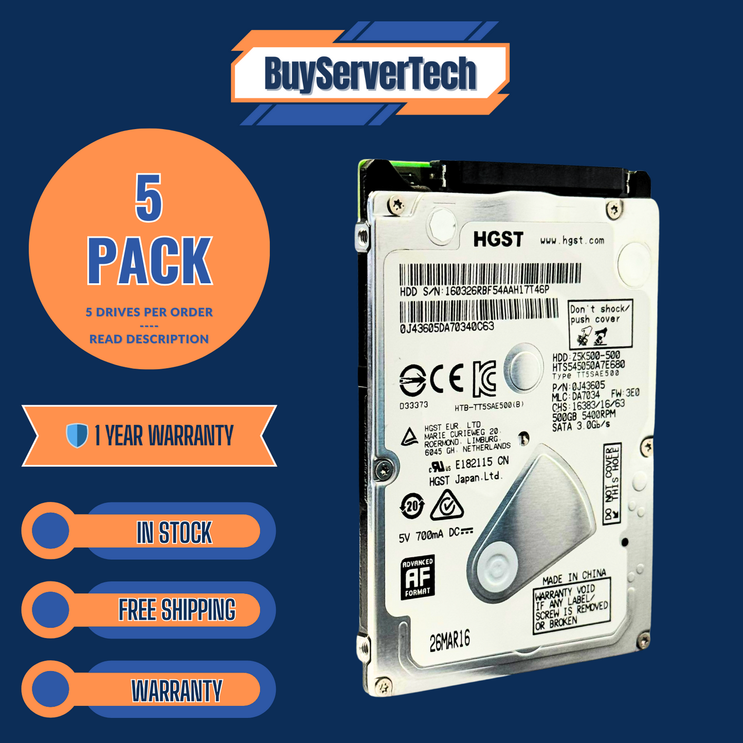Lot of 5 HGST 500GB 2.5" SATA 5400RPM HDD | HTS545050A7E680 | Laptop PS4 XBOX