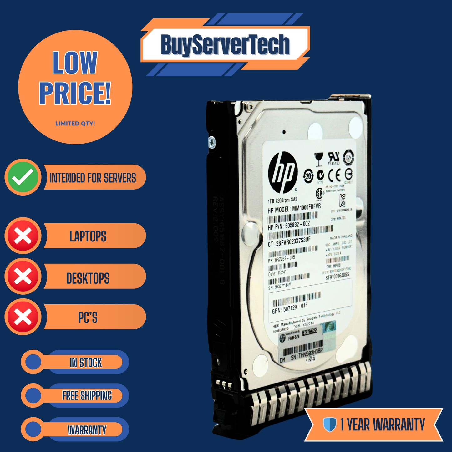 HP 605835-B21 606020-001 1TB 7.2K RPM SAS 6Gb/s 2.5" HDD | Server Use Only | 1