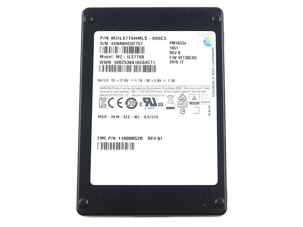 SAMSUNG PM1633A MZ-ILS7T60 7.68TB 2.5" SAS 12GB/S SSD DRIVE MZILS7T6HMLS-000C3