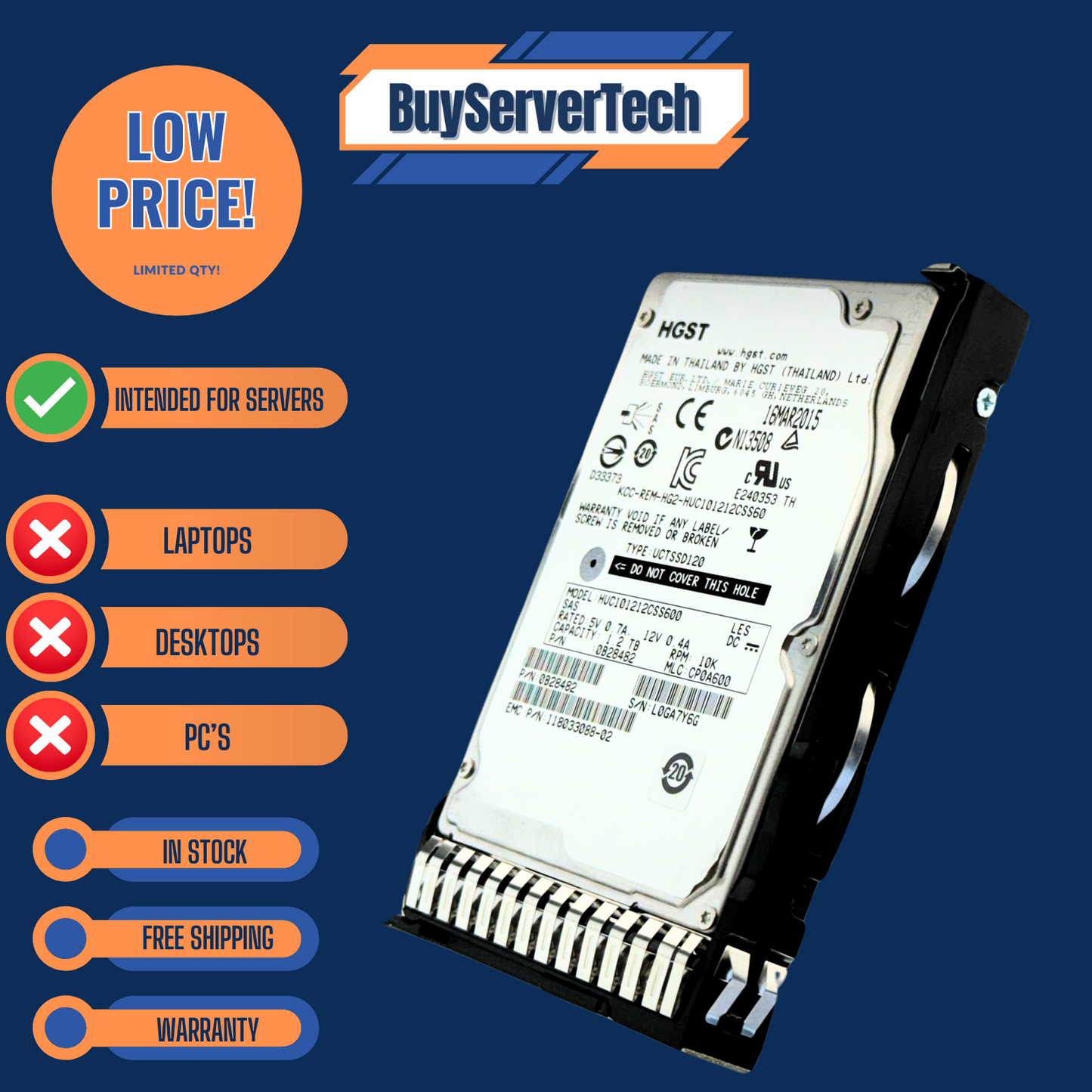 1.2TB 10K SAS 2.5" HDD 6Gbps | 0 Hours | HP DL360 DL380 G8 G9 G10 | Tray | 1YR