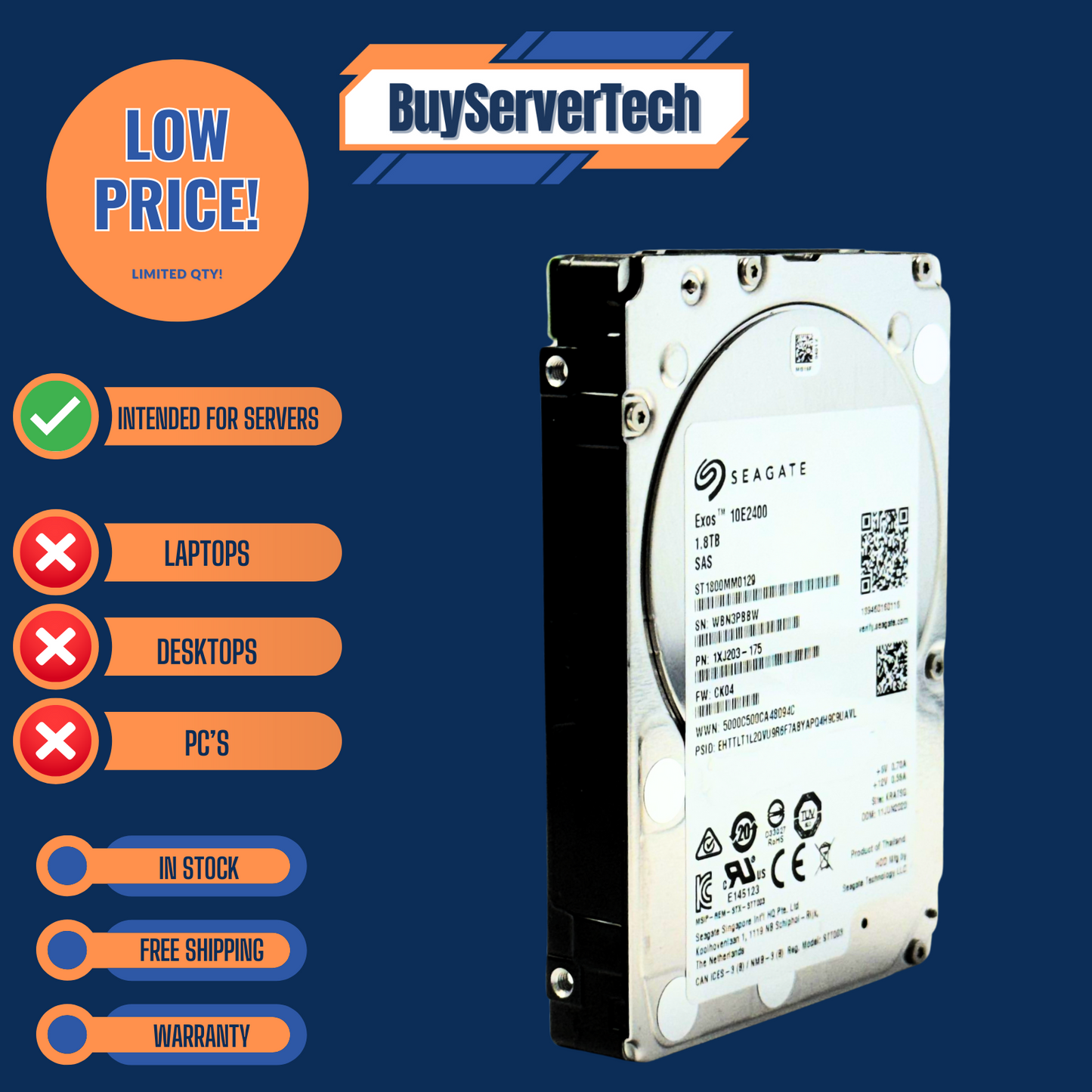 Seagate ST1800MM0129 1.8TB 10K 12Gb/s SAS 2.5" HDD | Exos 10E2400 | 1 YR