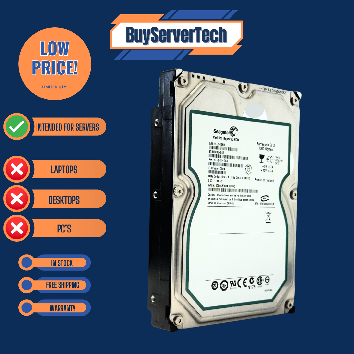 Seagate ST31000640SS 1TB 7.2K 3.5" SAS 3Gb/s HDD Barracuda ES.2 | Recertified