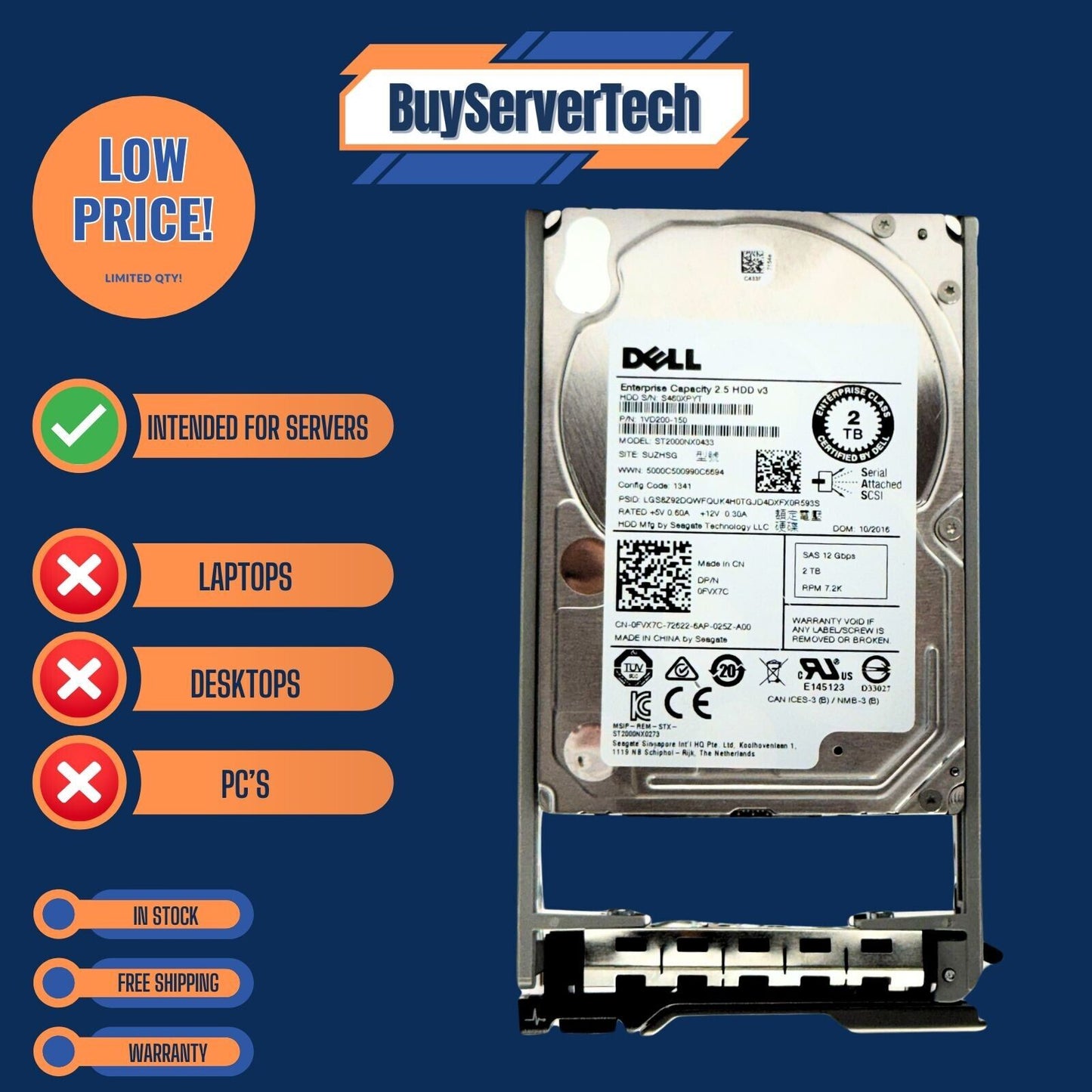 Dell 2TB 2.5" 12Gb/s SAS 7200RPM HDD FVX7C 0FVX7C ST2000NX0433 + R-Series Tray