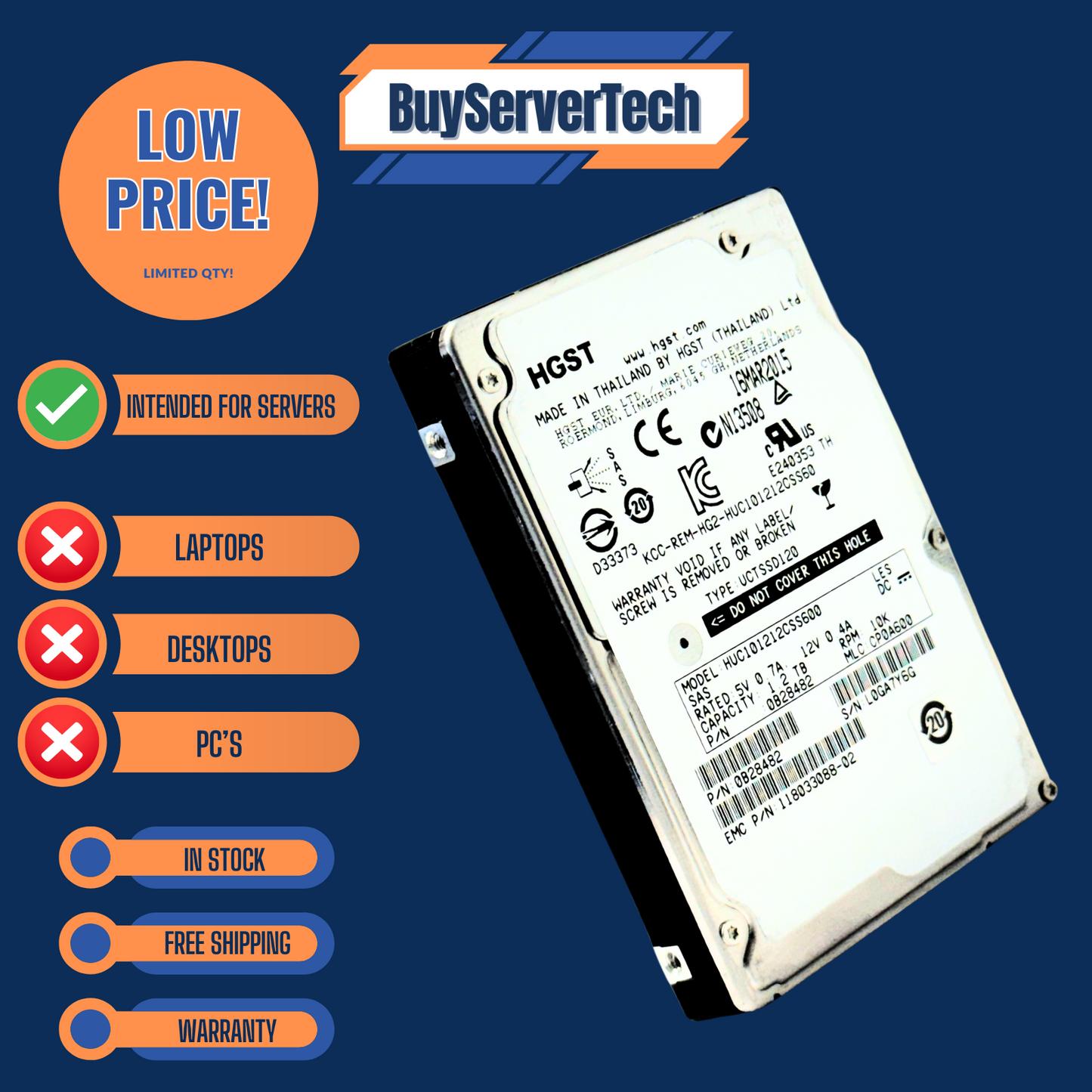 HGST HUC101212CSS600 1.2TB 10K SAS 2.5" HDD | 0B28482 | 0 Hours | 2YR Warranty