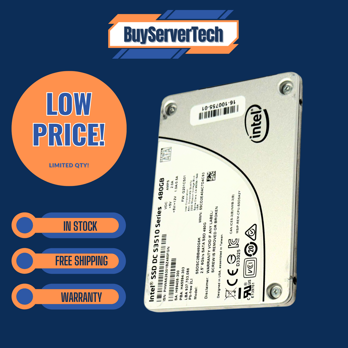 Intel SSDSC2BB480G6K 480GB SATA 2.5" SSD S3510 Series | Grade A | 180 Day Warr