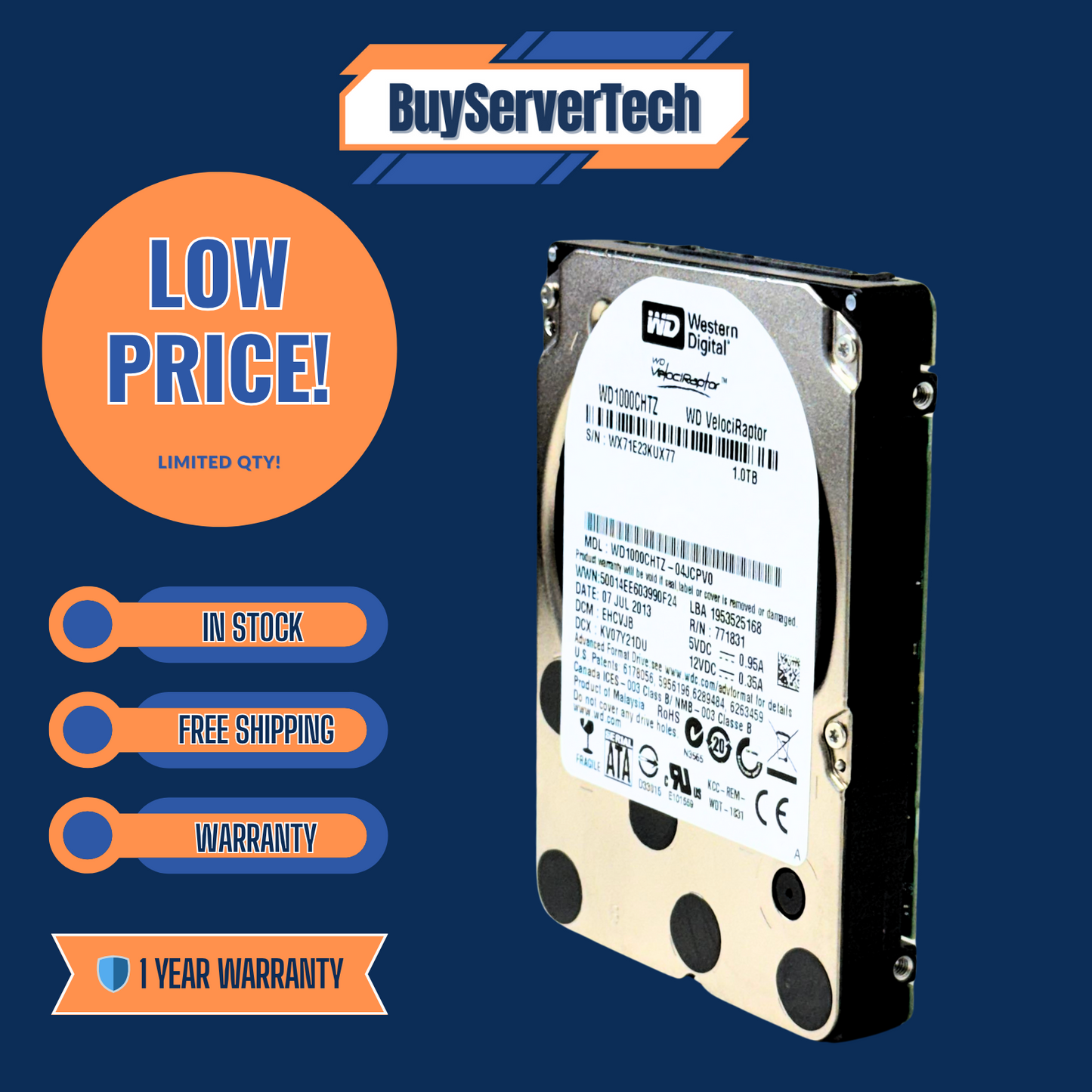WD VelociRaptor WD1000CHTZ 1TB 10K RPM SATA 6Gb/s 2.5" HDD | 0 Hours | 1YR
