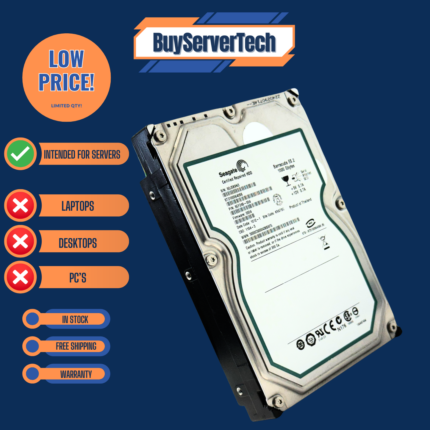 Seagate ST31000640SS 1TB 7.2K 3.5" SAS 3Gb/s HDD Barracuda ES.2 | Recertified