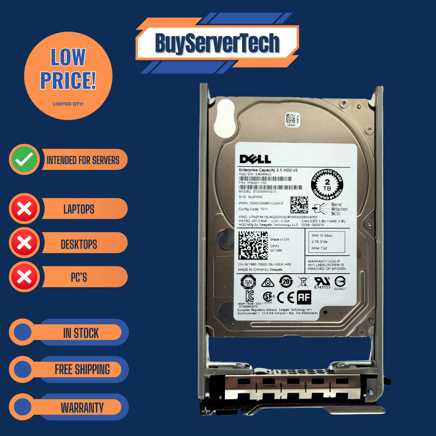Dell 0TMVN7 ST2000NX0433 2TB 7.2K 12Gb/s SAS 2.5" HDD 128MB Cache Server Drive