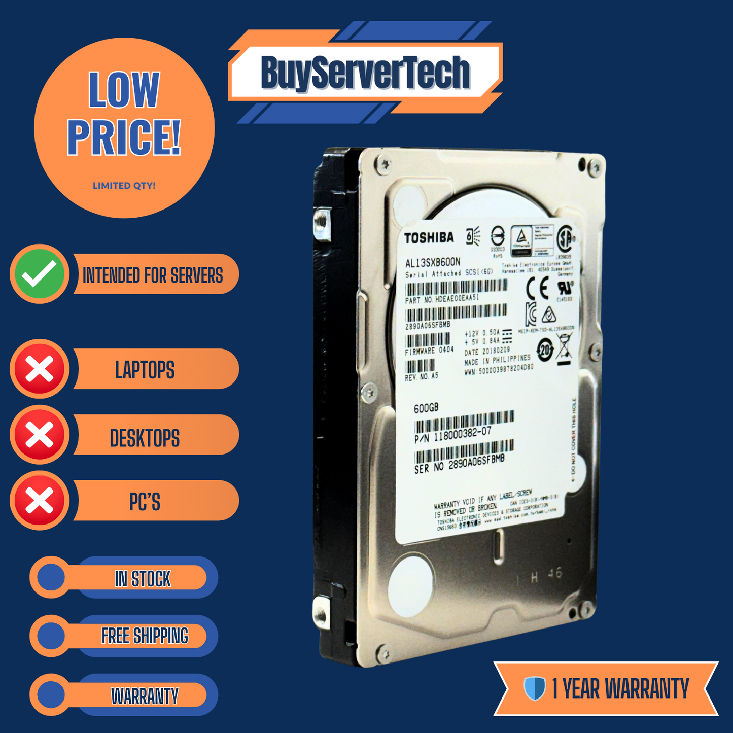Toshiba AL13SXB600N 600GB 15K SAS 12Gb/s 2.5" HDD | Enterprise - 1 Year warranty