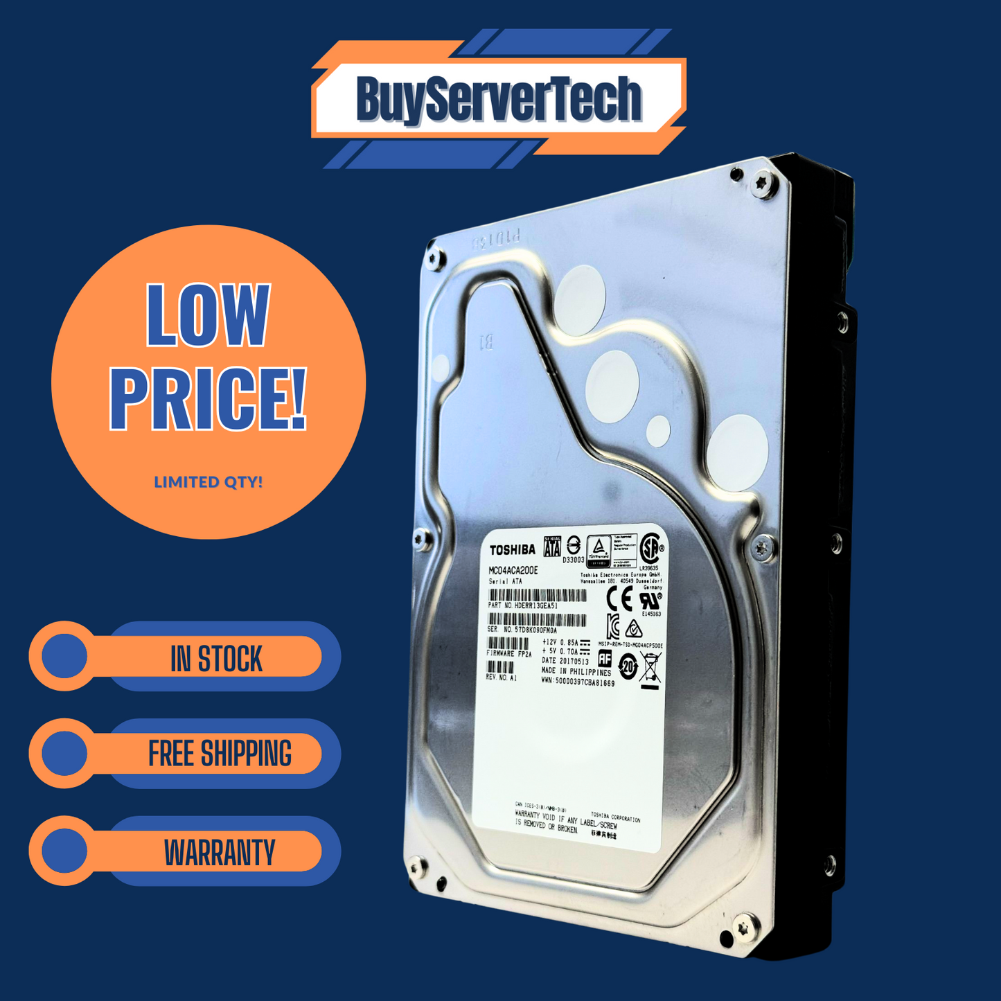 Toshiba MC04ACA 2TB 7200RPM 3.5" SATA 6Gb/s HDD MC04ACA200E 128MB 0HRS ENT