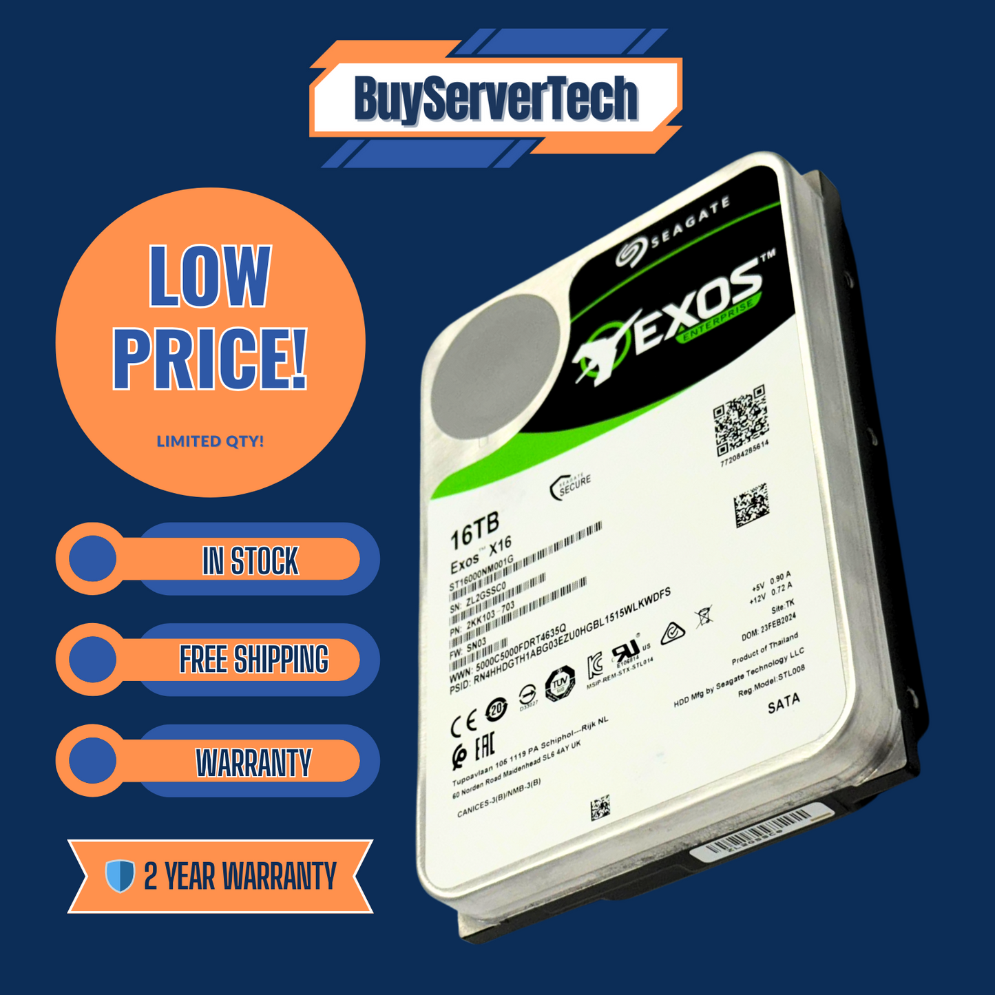 Seagate Exos X1 ST16000NM001G 16TB 7200RPM SATA 6Gb/s 256MB  3.5" HDD + 2Yr Warr