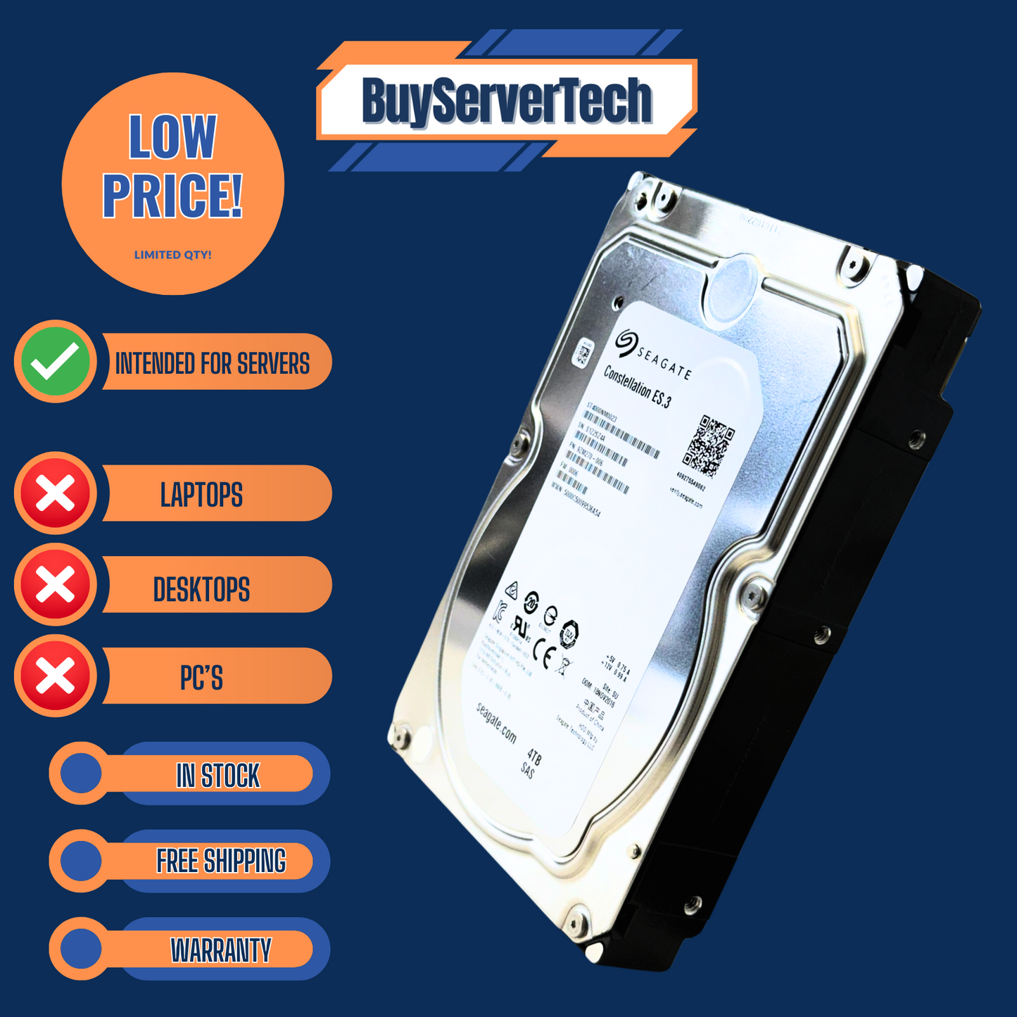 Seagate ST4000NM0023 4TB 7.2K 6Gb/s SAS 3.5" HDD | Constellation ES.3 | 1Yr Warr