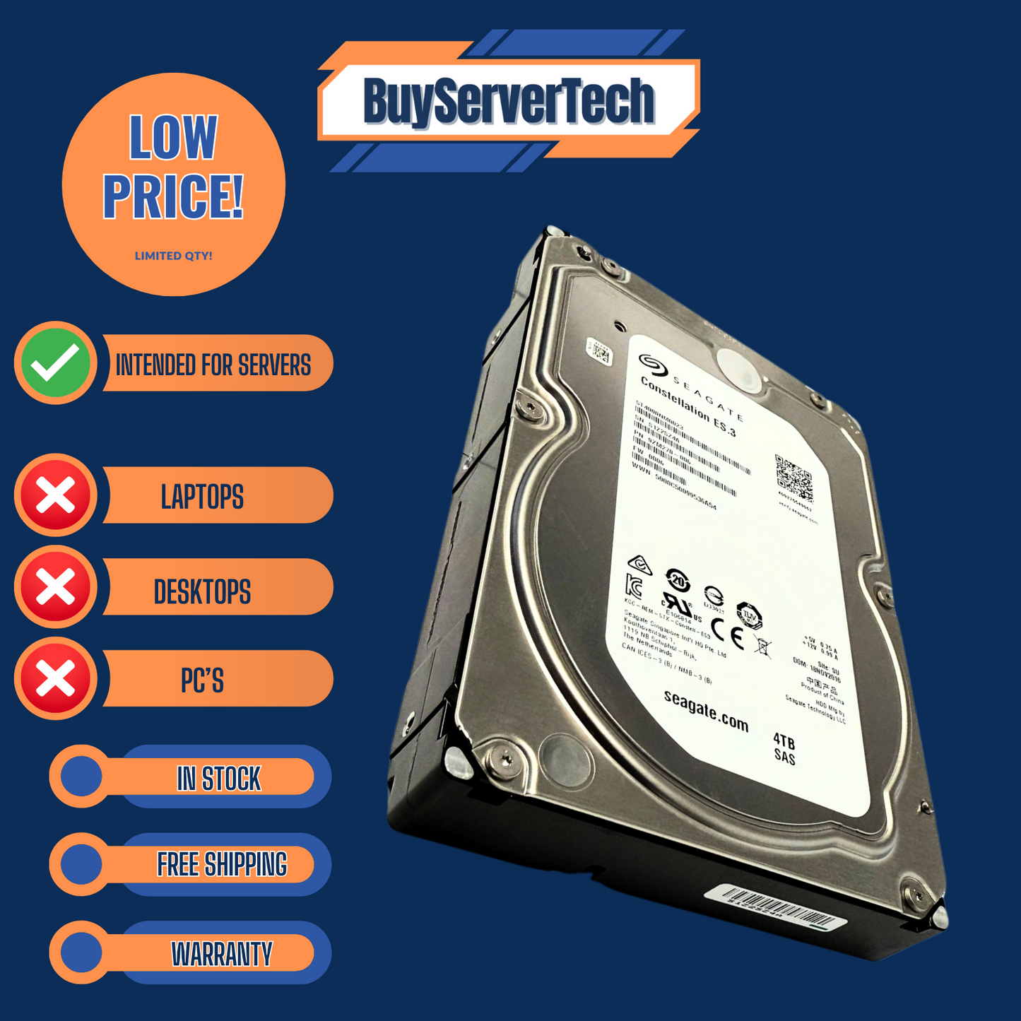 Seagate ST4000NM0023 4TB 7.2K 6Gb/s SAS 3.5" HDD | Constellation ES.3 | 1Yr Warr