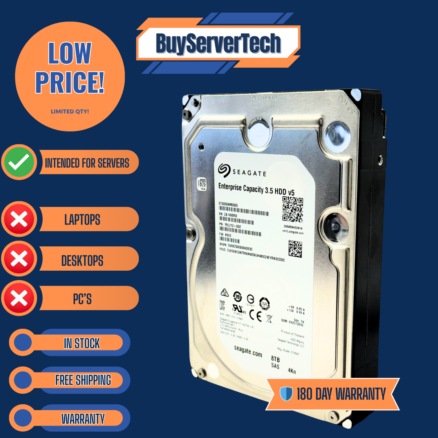 Seagate ST8000NM0065 8TB 7200RPM SAS 12Gbps 256MB 3.5" HDD | Grade A