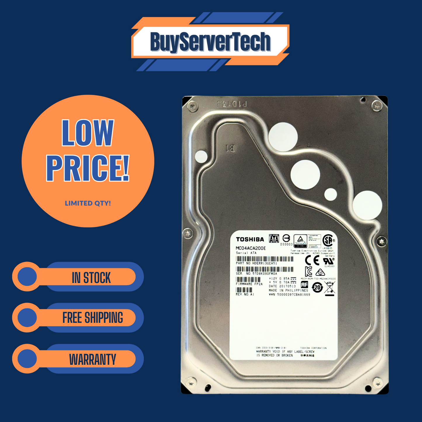 Toshiba MC04ACA 2TB 7200RPM 3.5" SATA 6Gb/s HDD MC04ACA200E 128MB 0HRS ENT