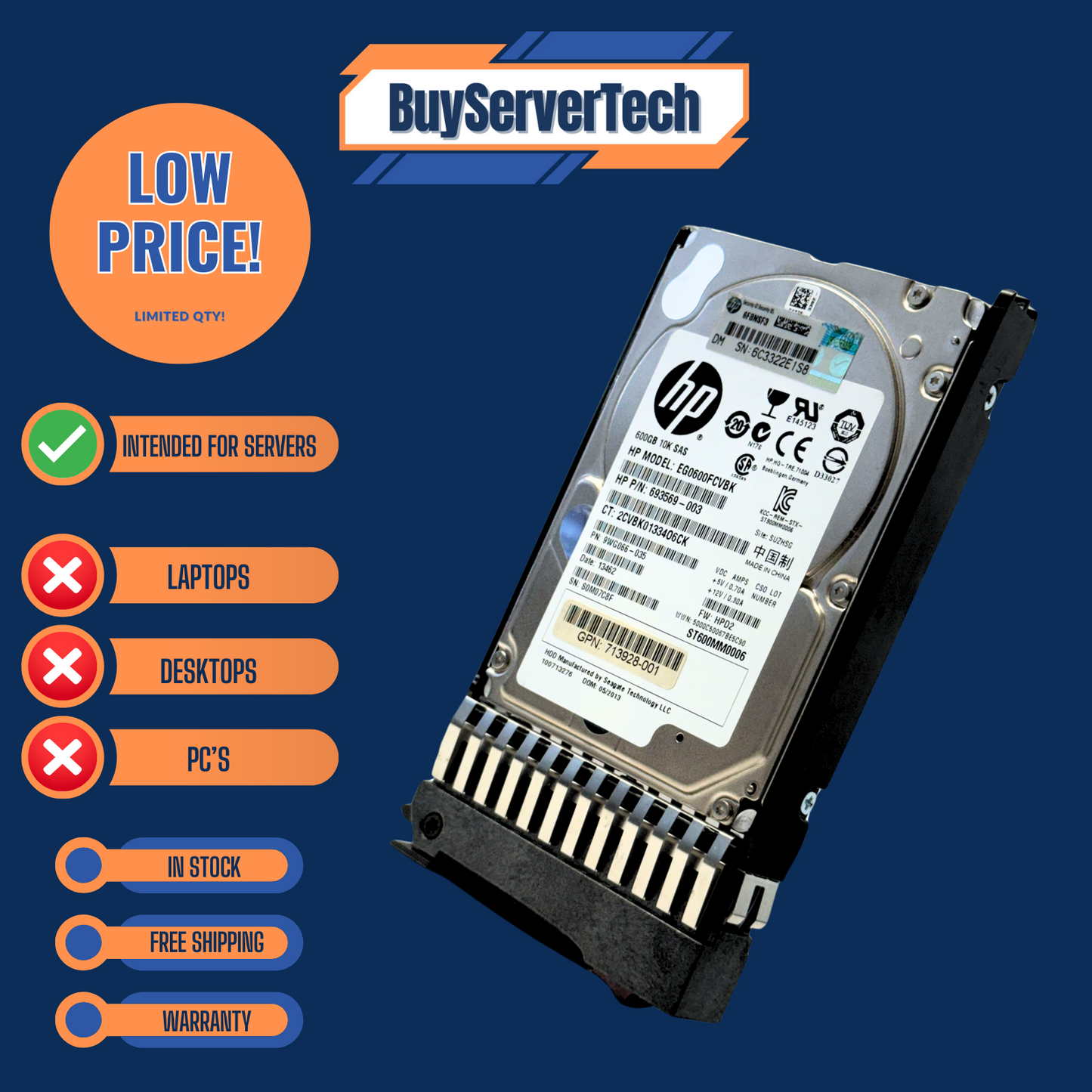 HP 581286-B21 600GB 10K SAS 2.5" 6Gb/s HDD 581311-001 ProLiant G5 G6 G7 Tray
