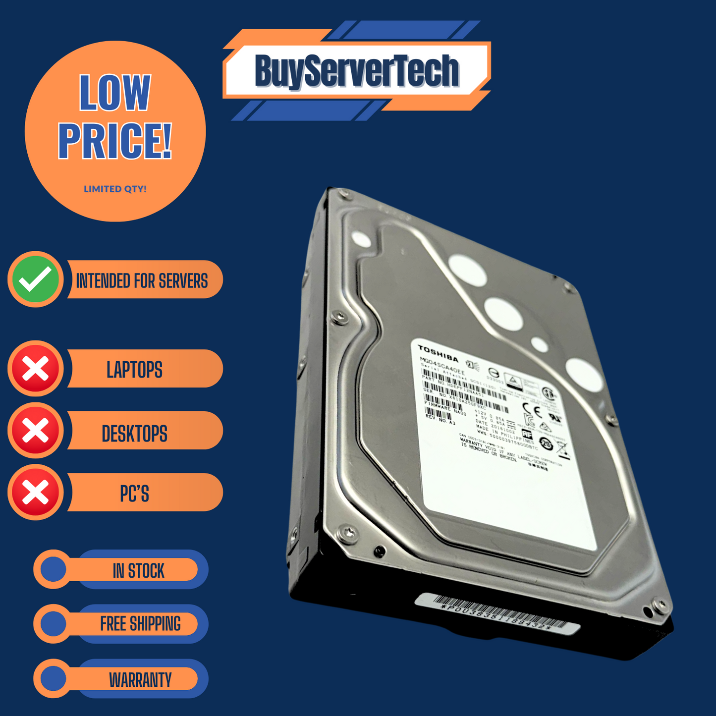 Toshiba MG04SCA40EE 4TB 7.2K 3.5" SAS 12Gb/s HDD ENT| 128MB | 0 Hours | 1 Yr War