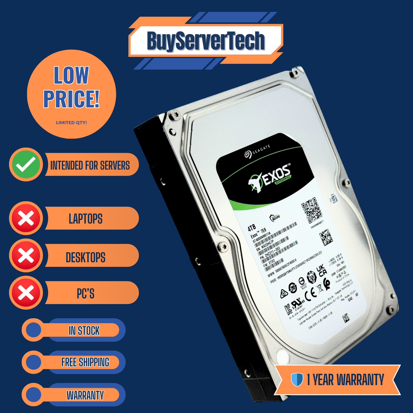 Seagate Exos 7E8 ST4000NM011A 4TB 7200RPM SAS 12Gb/s HDD | 256MB | SED | 1YR