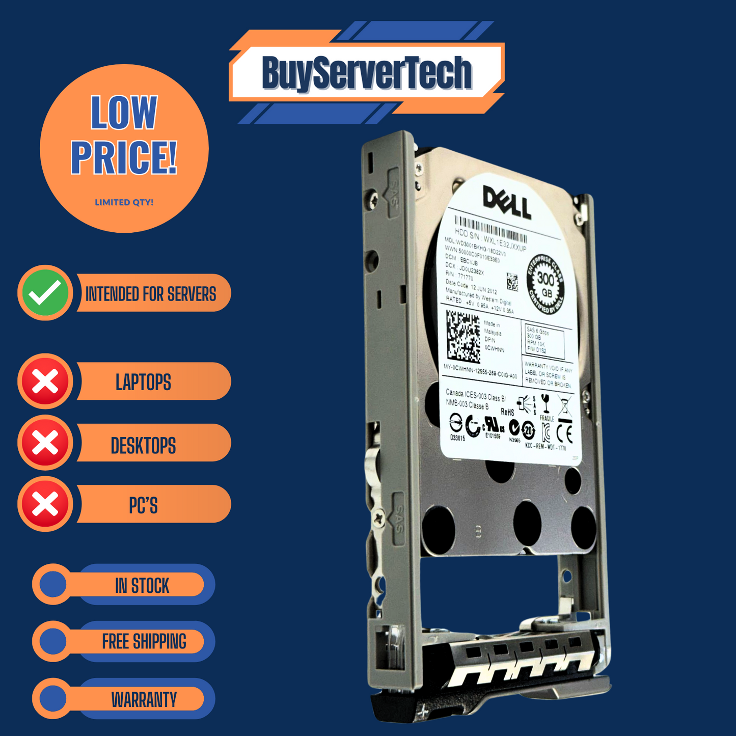 Dell CWHNN 300GB 10K 2.5" SAS 6Gb/s HDD 0CWHNN w/Tray | Server Use Only | 1 Yr W