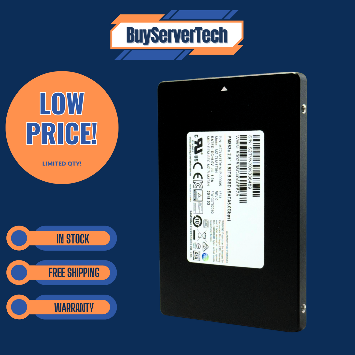 Samsung PM863A 1.92TB SATA SSD MZ7LM1T9HMJP GXT5204Q | Grade A | 1YR