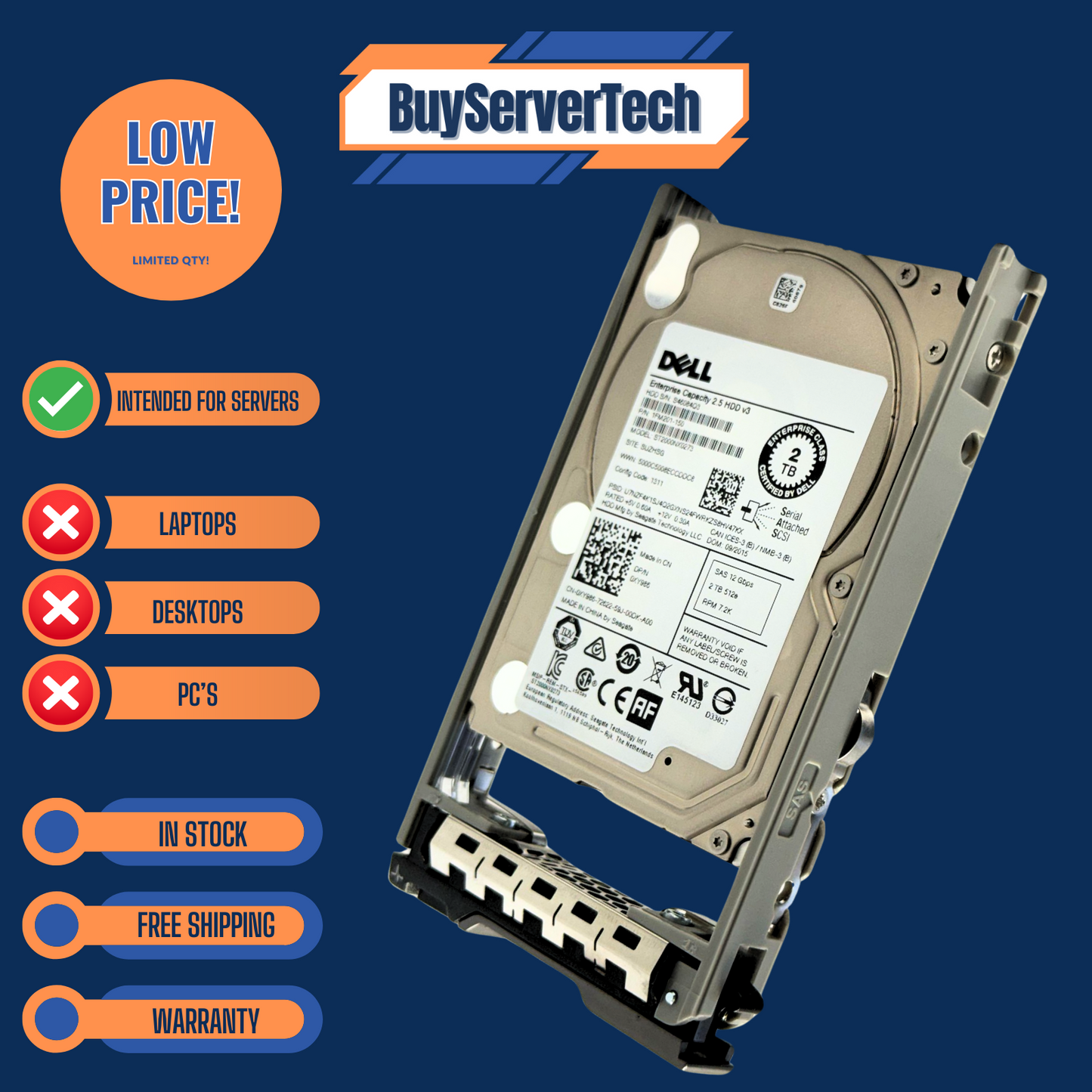 Dell XY986 2TB 7.2K 12Gb/s 2.5" SAS HDD ST2000NX0273 128MB ENT Server Drive Tray