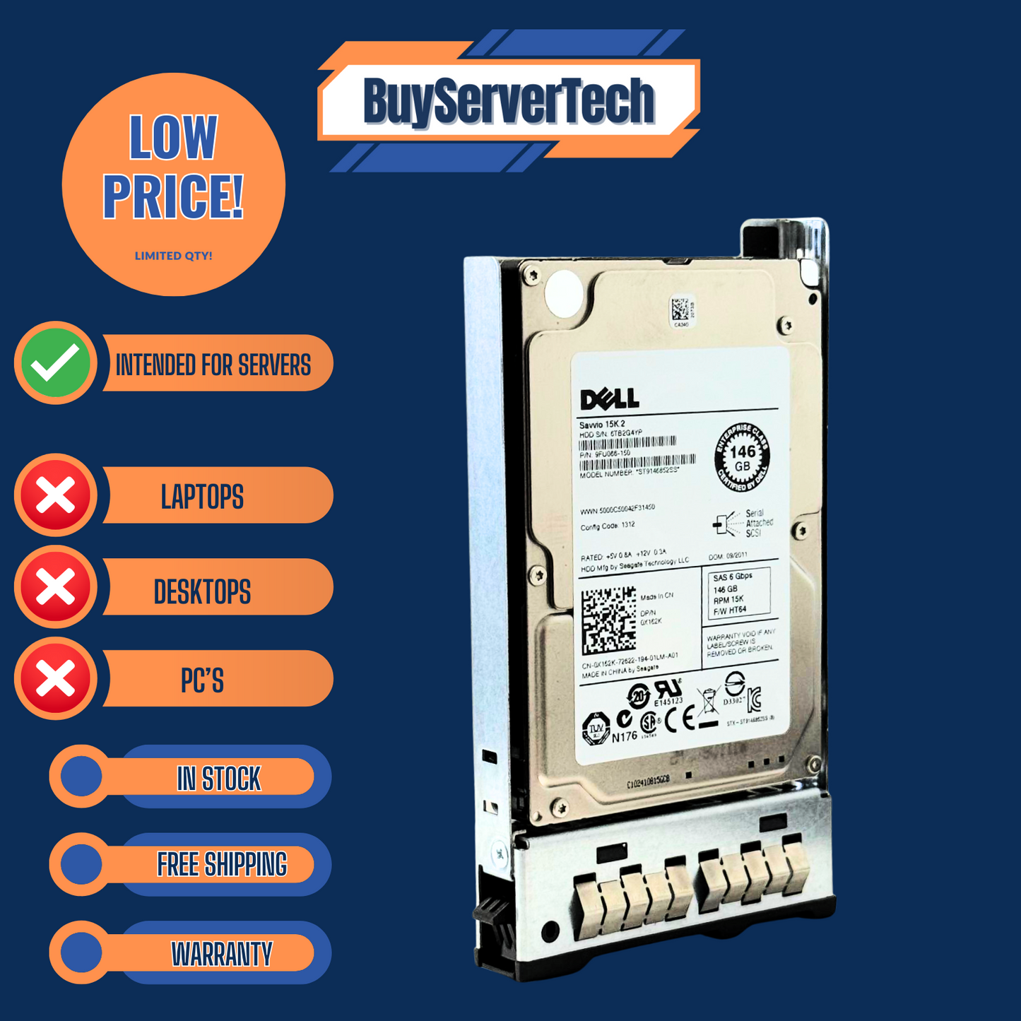 Dell X162K 0X162K 146GB 15K 2.5" SAS 6Gbps HDD| 2 Tray Options |